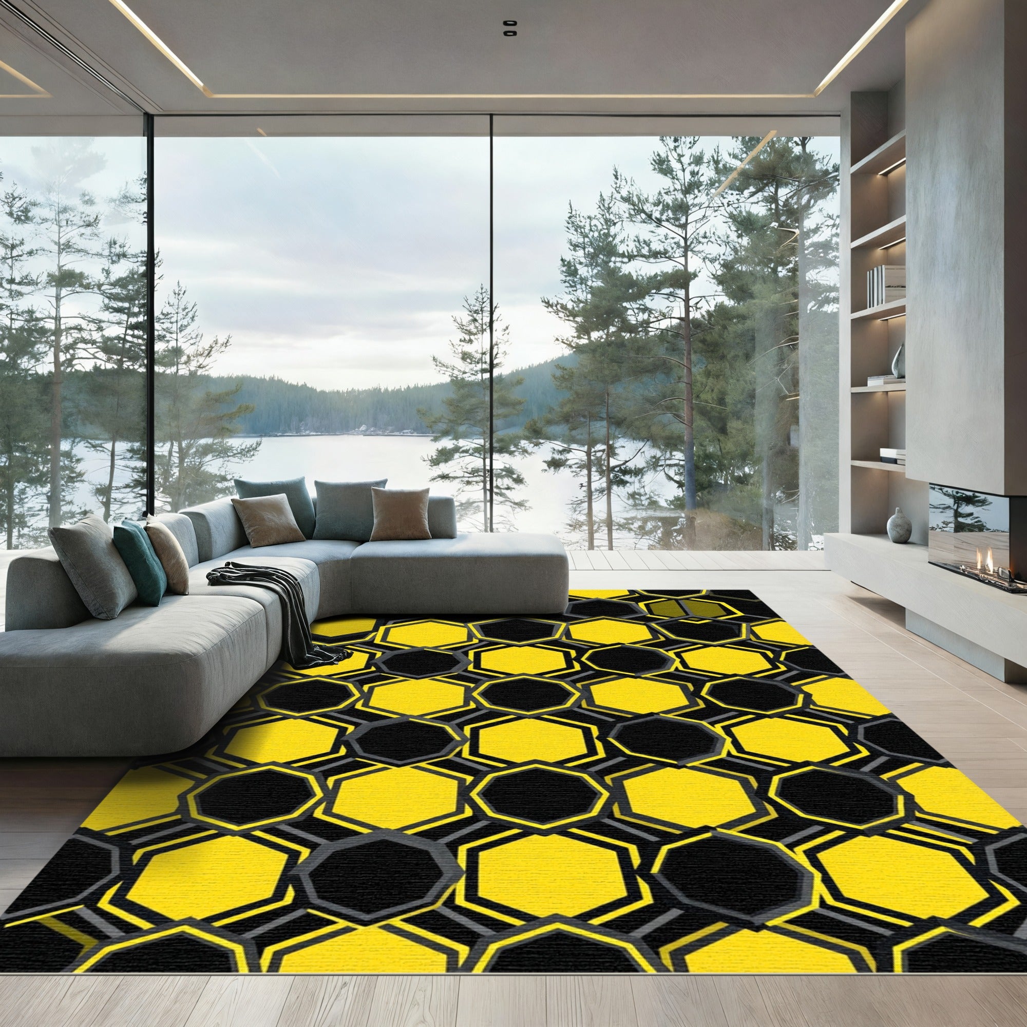 Modern Bold Yellow Black Hexagon Geometric Rug