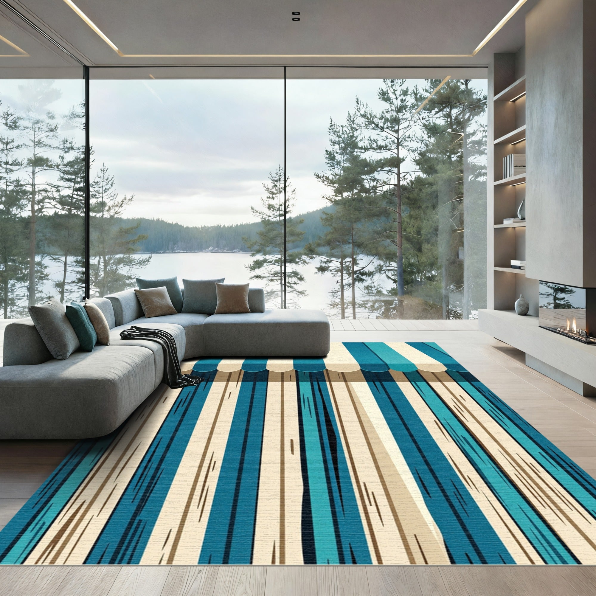 Coastal Blue Cream Striped Canvas Rug