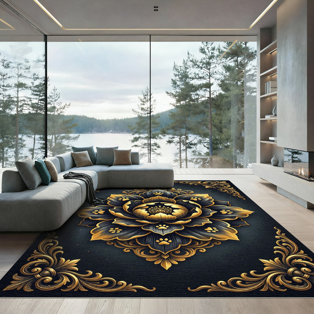 Ornate Gold Black Paw Flower Medallion Rug
