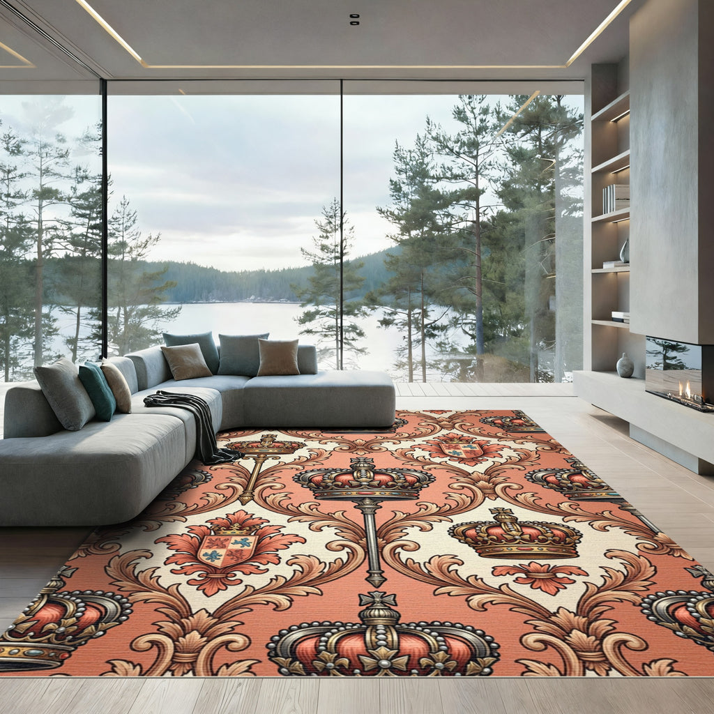 Royal Red Crown Emblem Damask Rug
