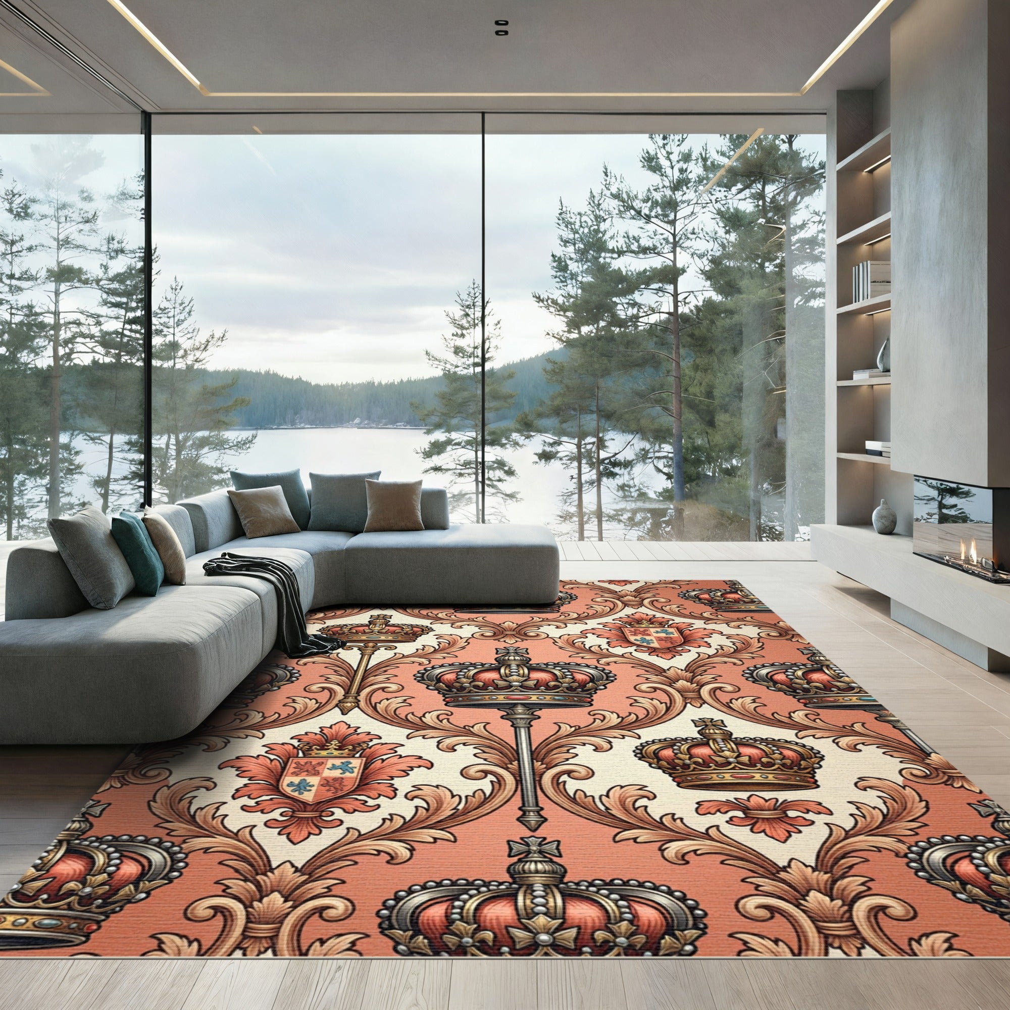 Royal Red Crown Emblem Damask Rug
