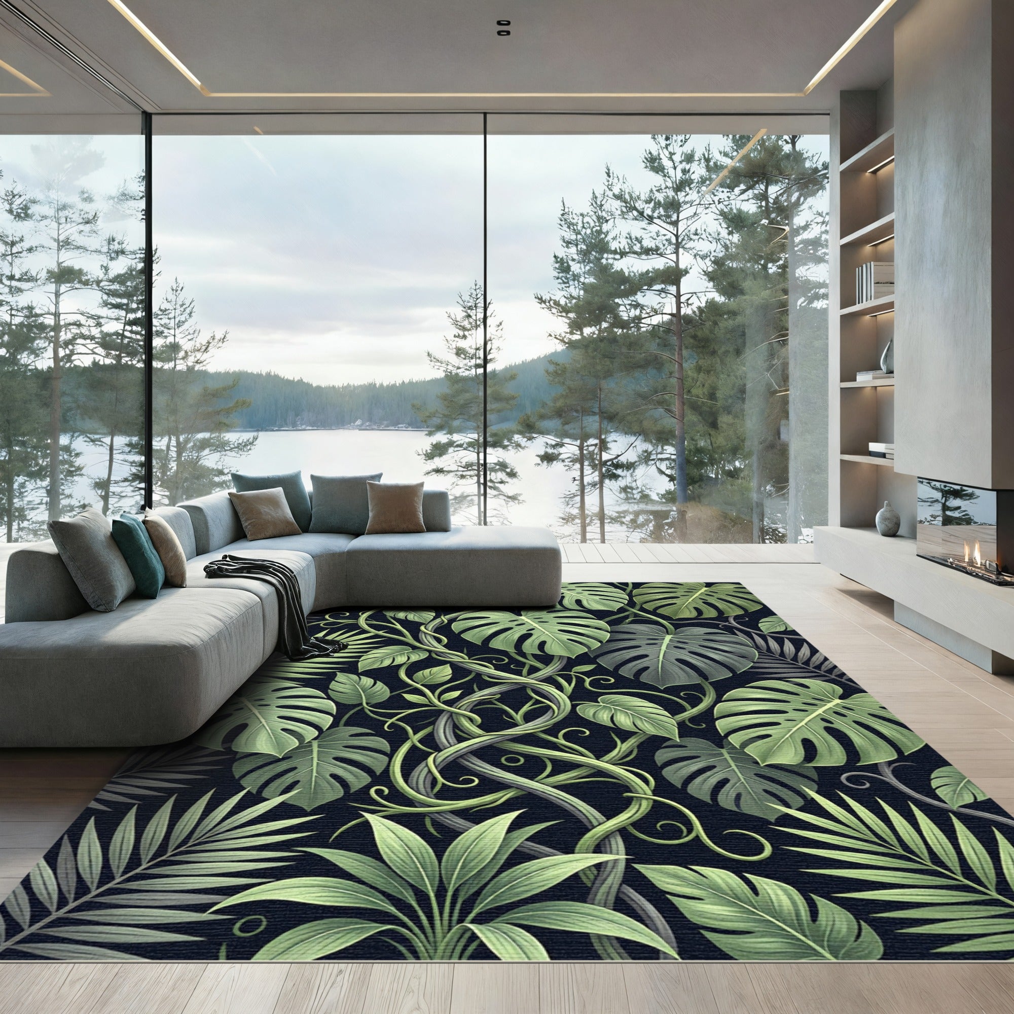 Tropical Jungle Leaf Swirl Rug