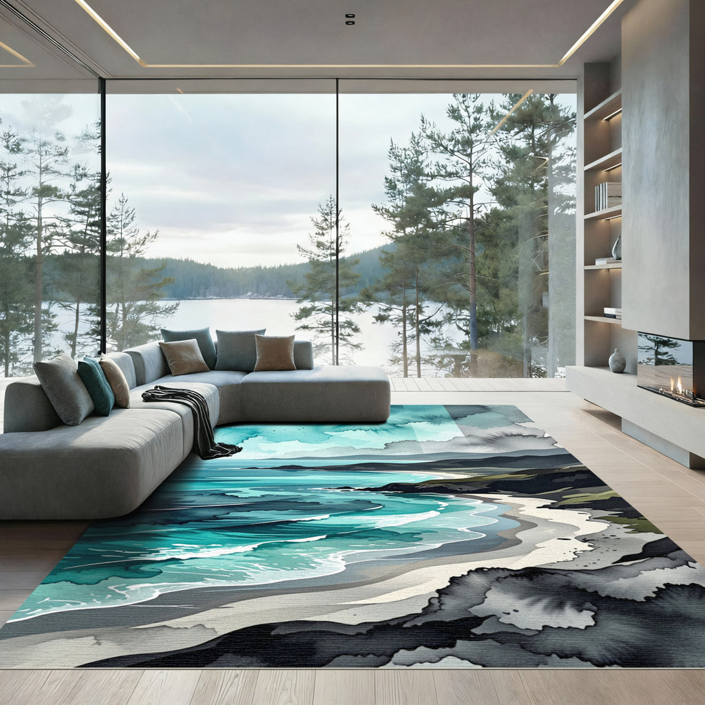 Aquatic Teal Coastline Watercolor Horizon Rug