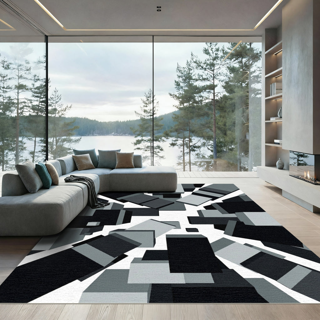 Monochrome Abstract Geometric Cubic Composition Rug