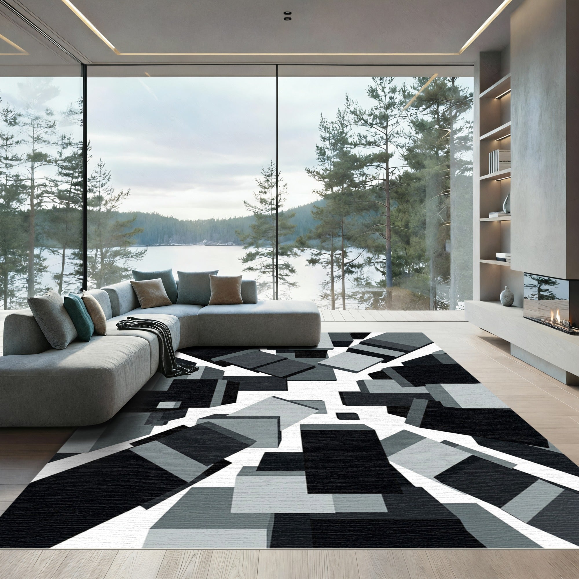 Monochrome Abstract Geometric Cubic Composition Rug