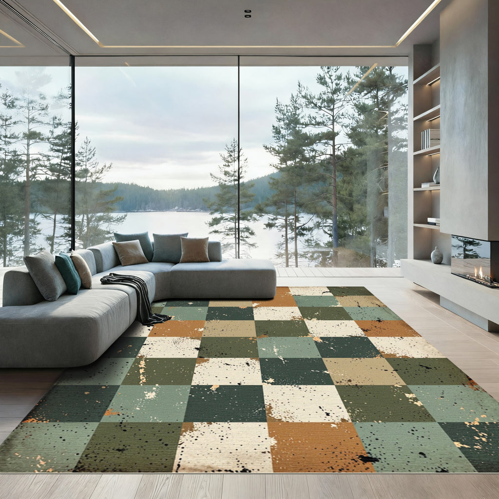 Distressed Earth Tone Checkerboard Mosaic Rug