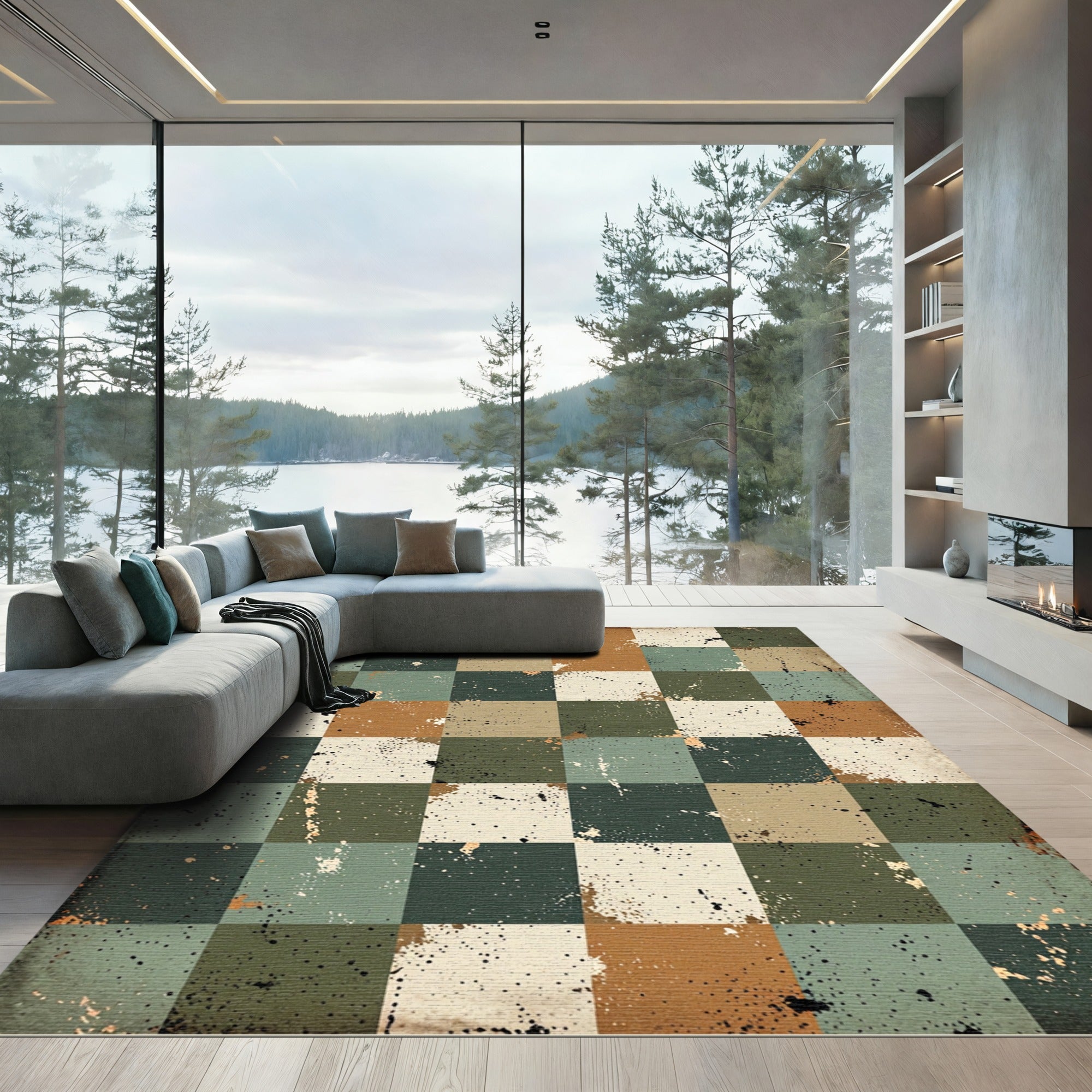 Distressed Earth Tone Checkerboard Mosaic Rug