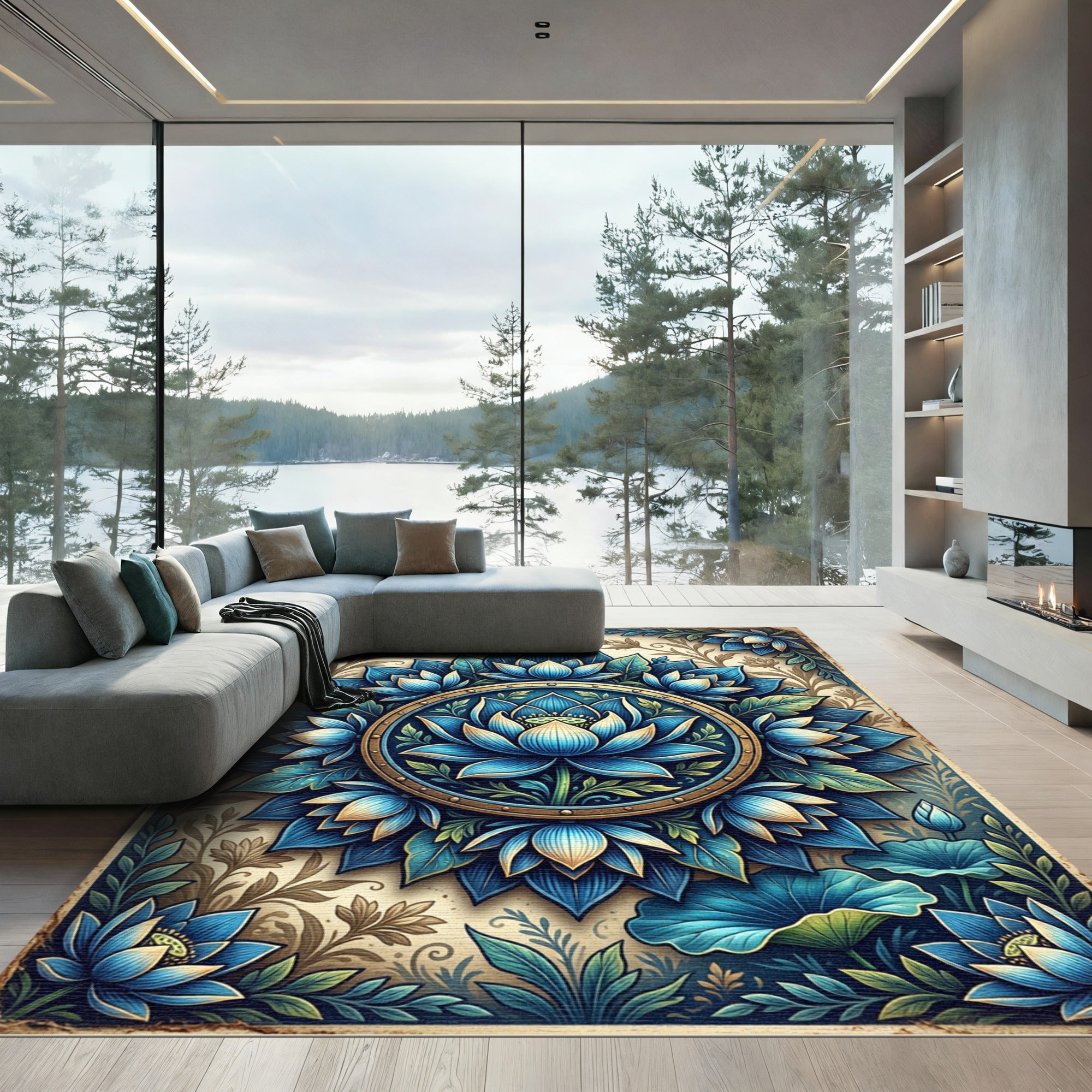 Blue Lotus Mandala with Golden Framing Rug