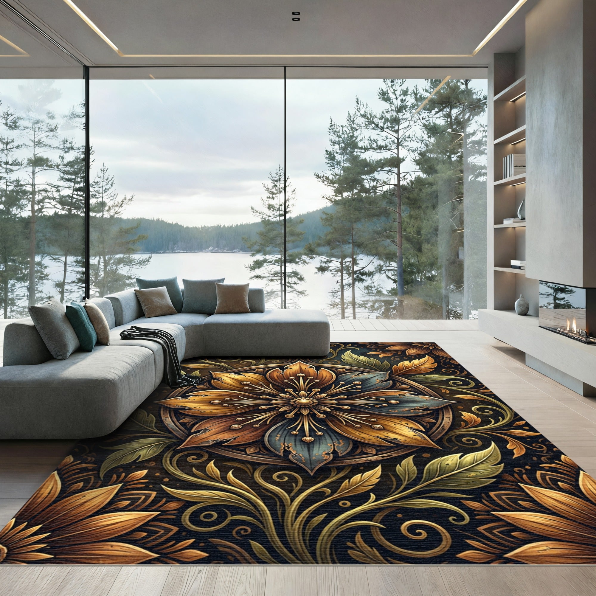 Golden Antiqued Floral Medallion Scroll Rug