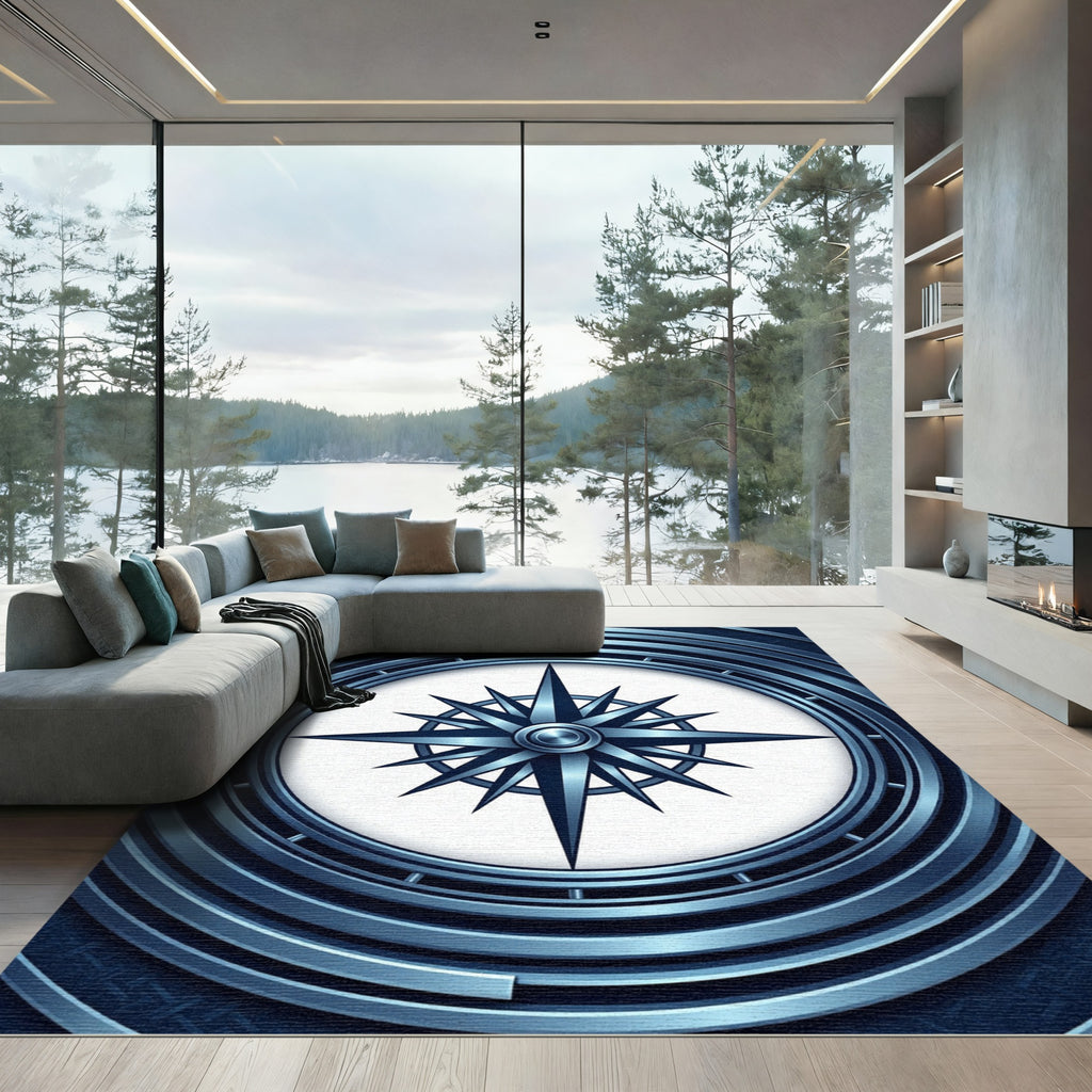 Metallic Navy Compass Rose Circular Rug