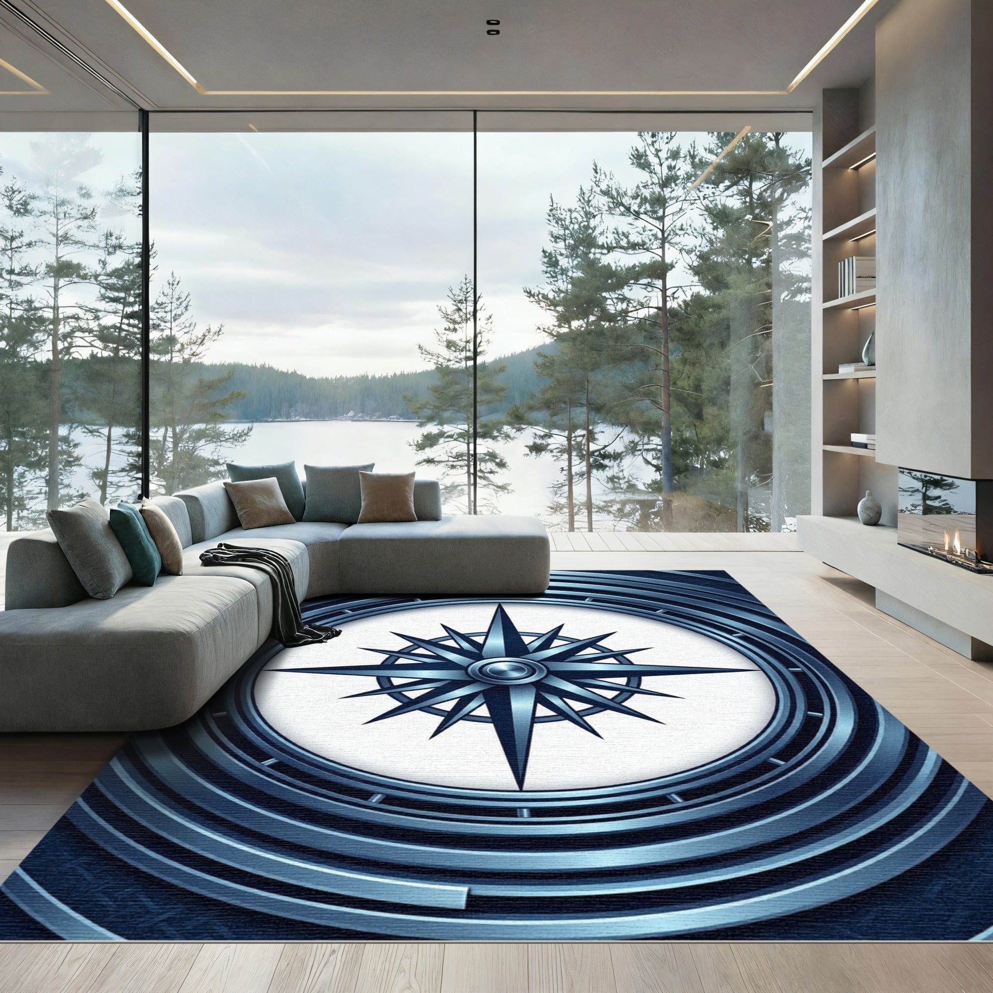 Metallic Navy Compass Rose Circular Rug