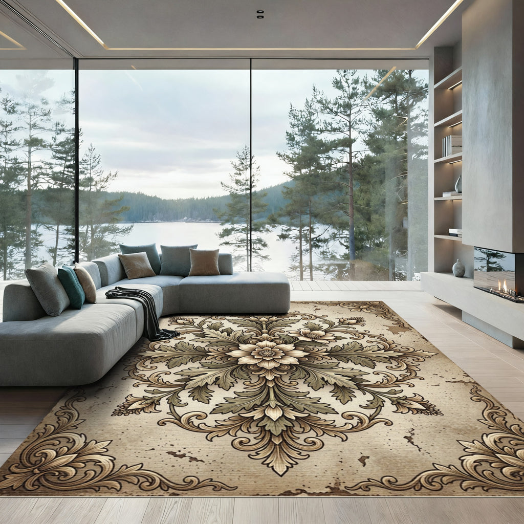 Vintage Beige Floral Baroque Medallion Rug