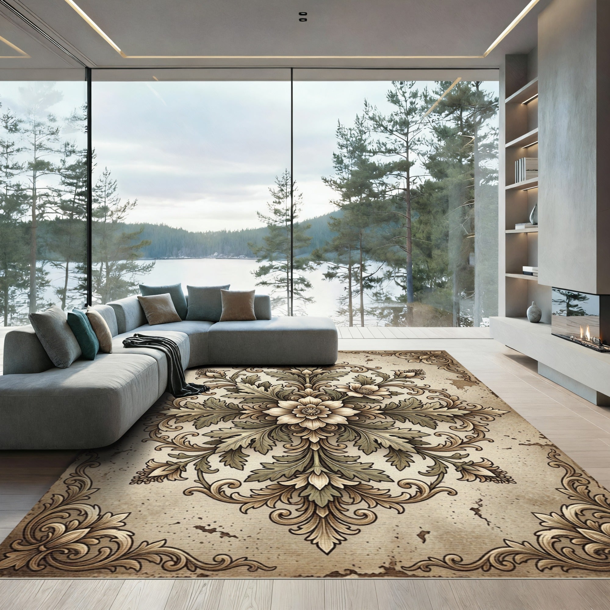 Vintage Beige Floral Baroque Medallion Rug