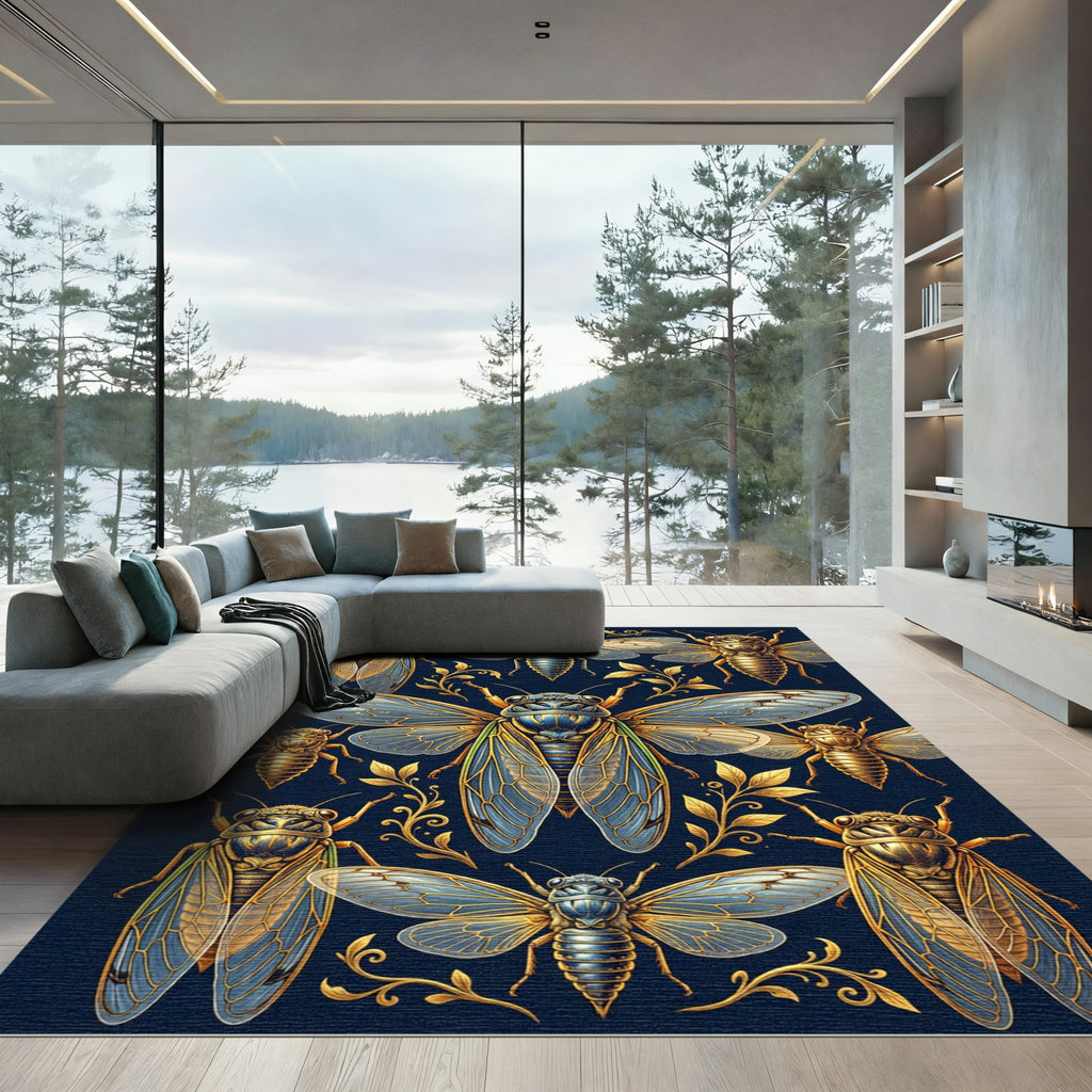 Golden Cicada Insect Navy Botanical Rug