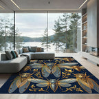 Golden Cicada Insect Navy Botanical Rug