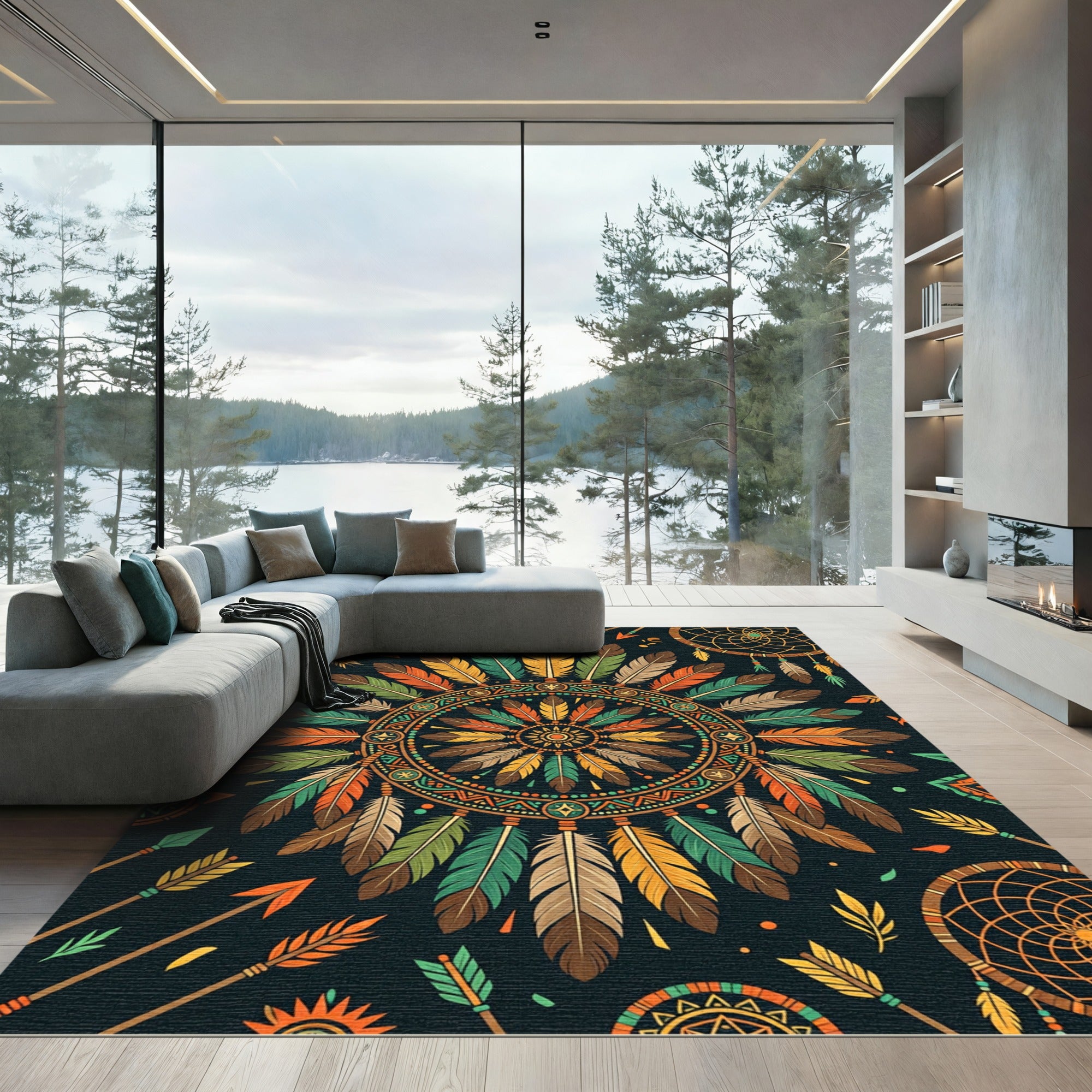 Vibrant Boho Feather Mandala Medallion Rug