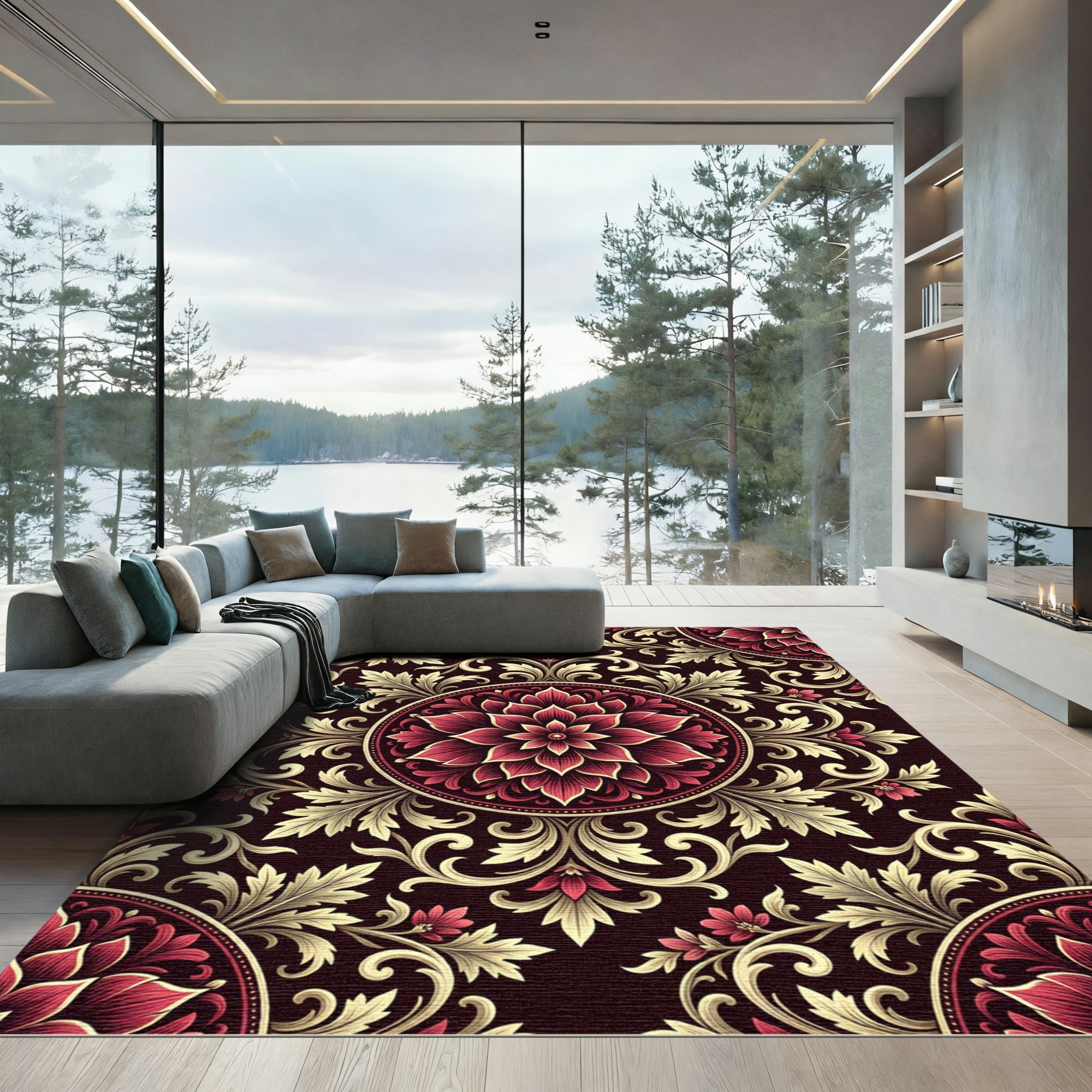 Crimson Gold Floral Medallion Scroll Rug