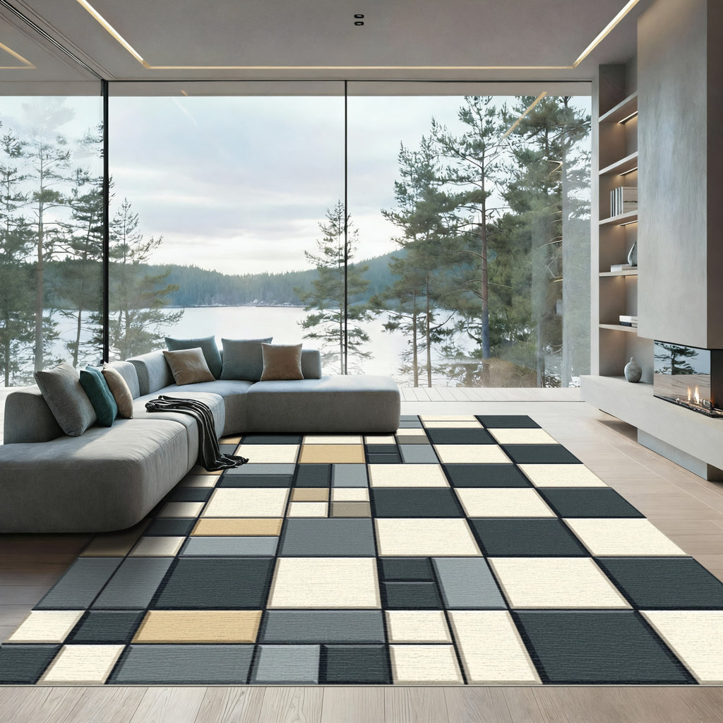 Modern Gray Beige Geometric Grid Rug