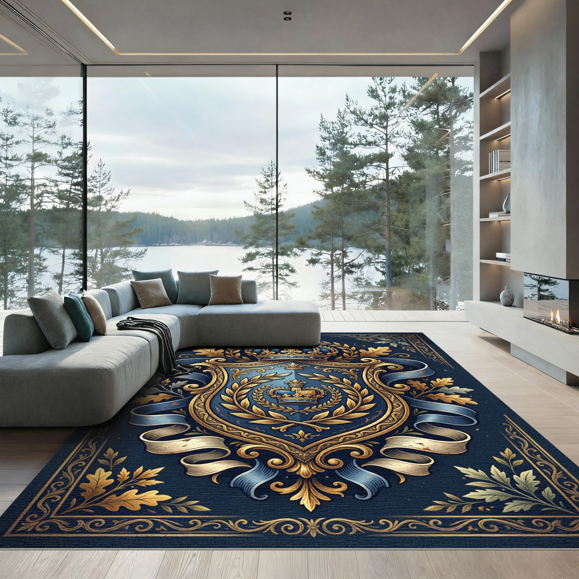 Royal Blue Gold Crest Heraldic Emblem Rug