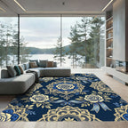 Elegant Royal Blue Cream Rose Medallion Rug