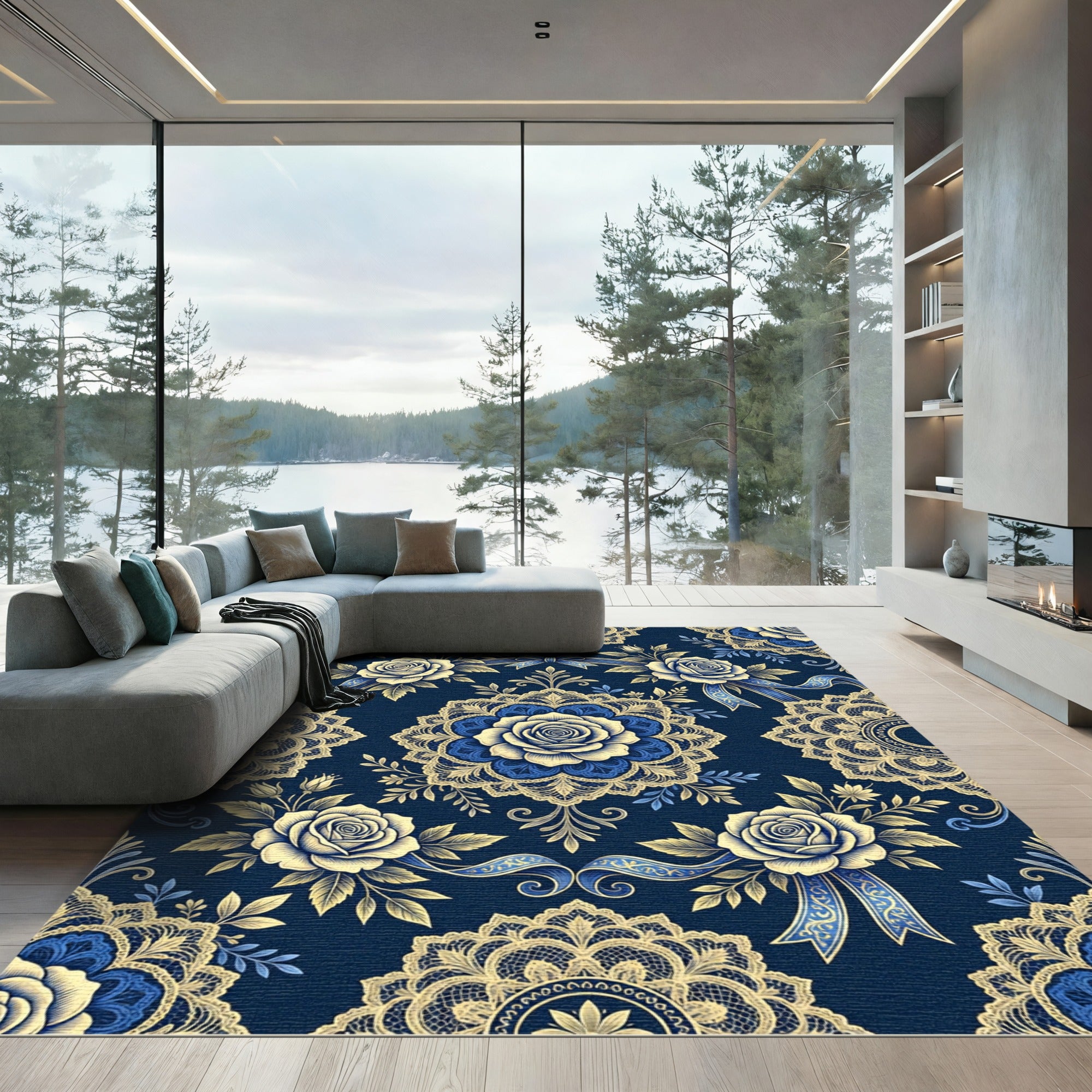 Elegant Royal Blue Cream Rose Medallion Rug