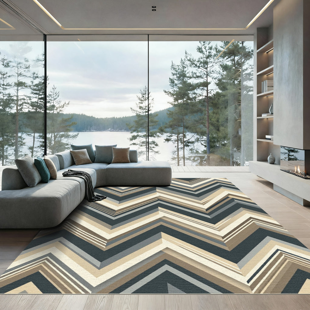 Modern Charcoal and Beige Chevron Striped Rug