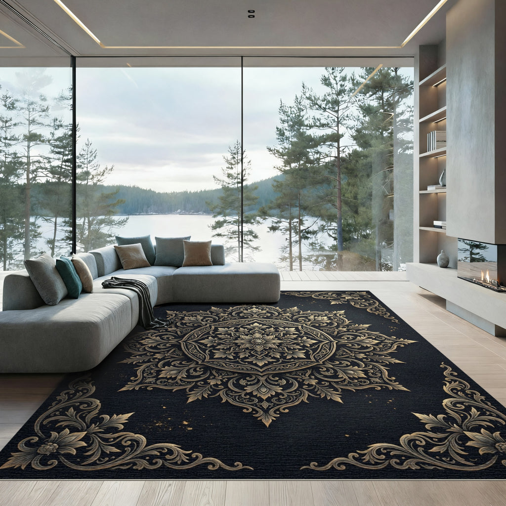 Ornate Golden Filigree Floral Medallion Rug