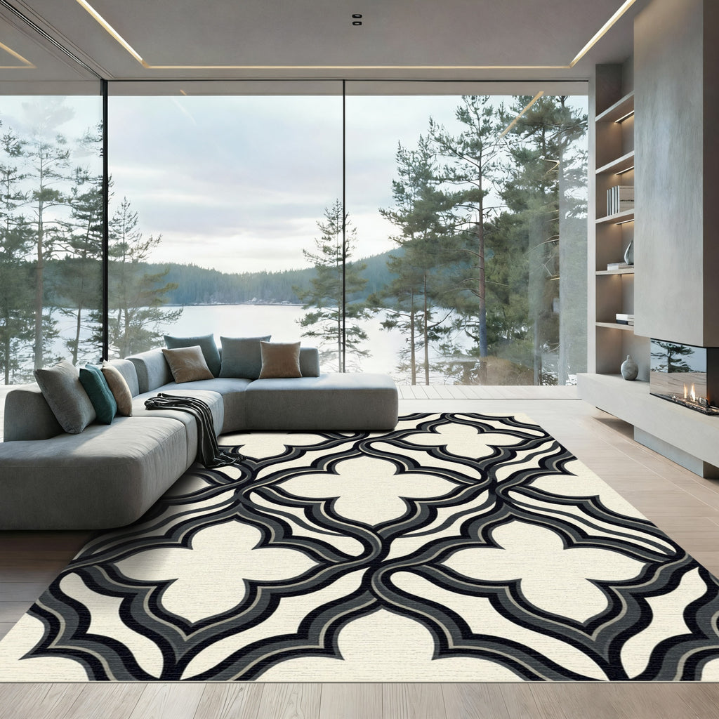 Modern Black and Cream Interlocking Quatrefoil Rug