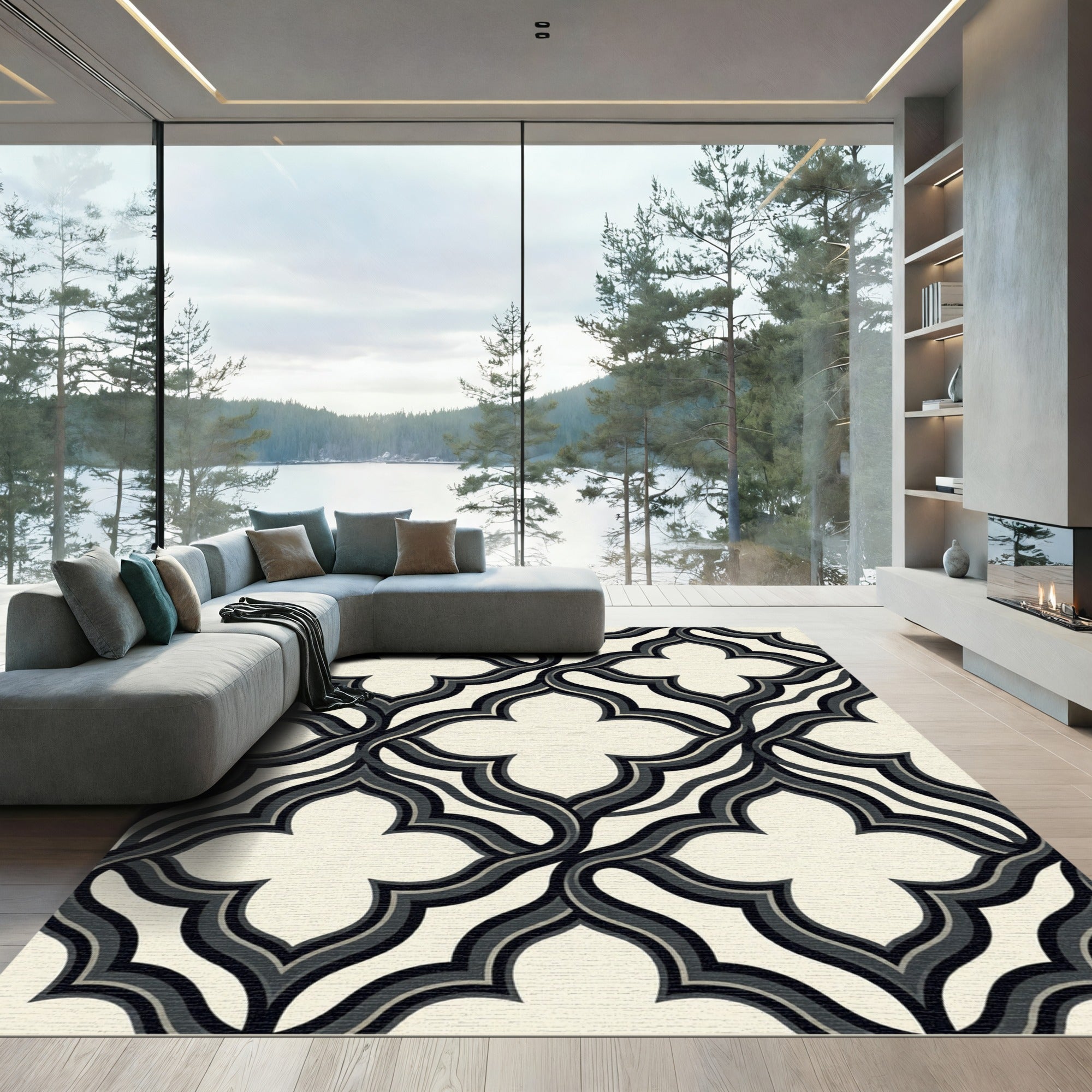 Modern Black and Cream Interlocking Quatrefoil Rug