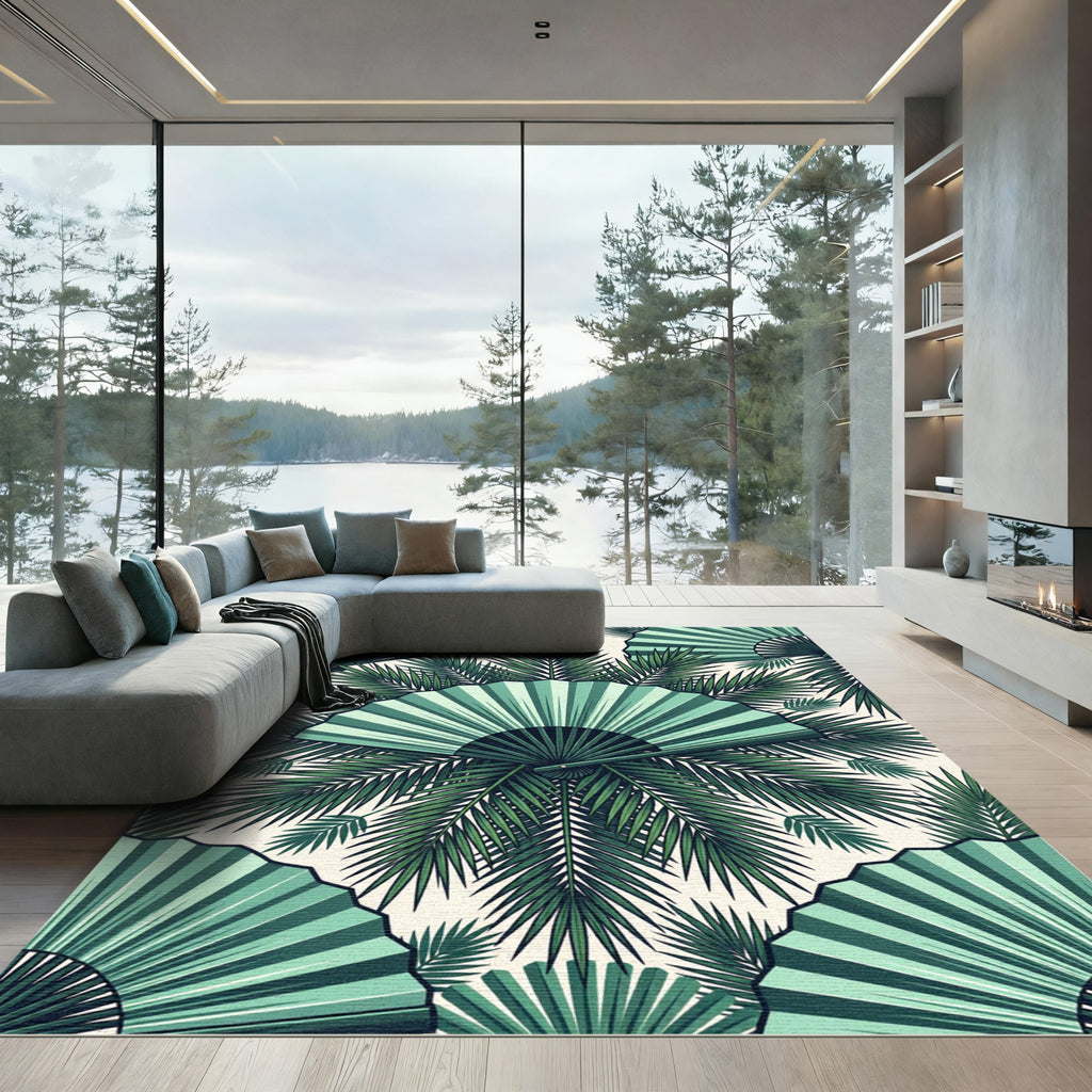 Emerald Fan Palm Leaf Composition Rug