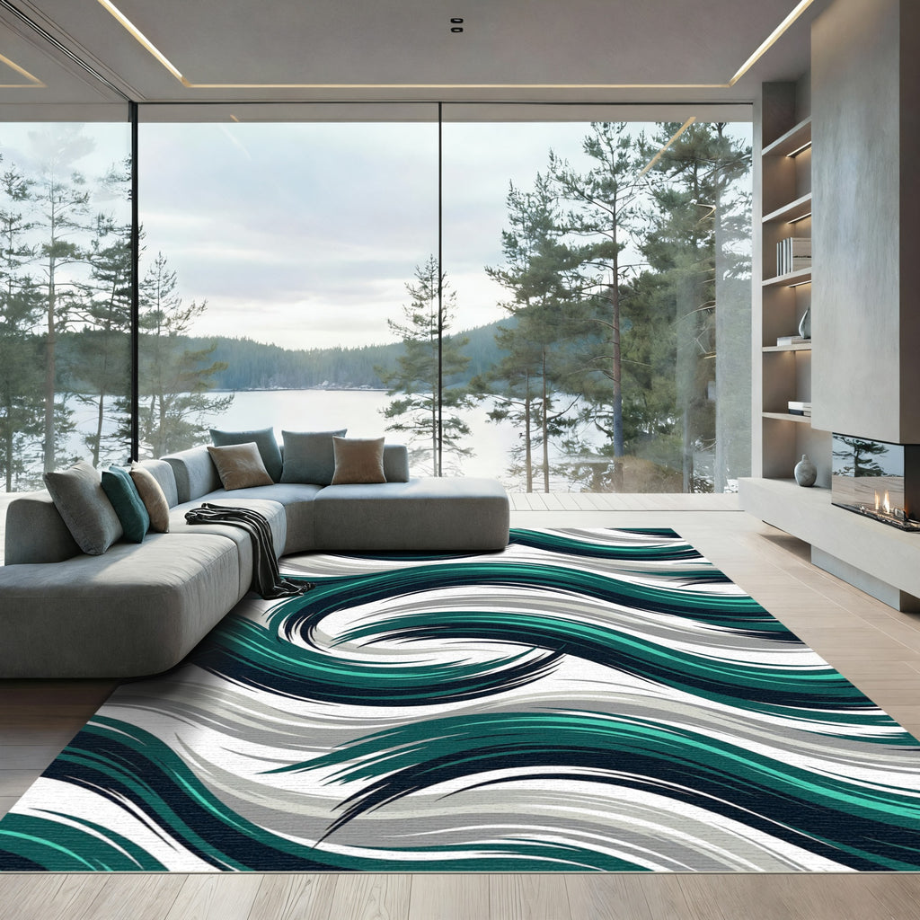 Teal and Slate Abstract Flowing Wave Rug