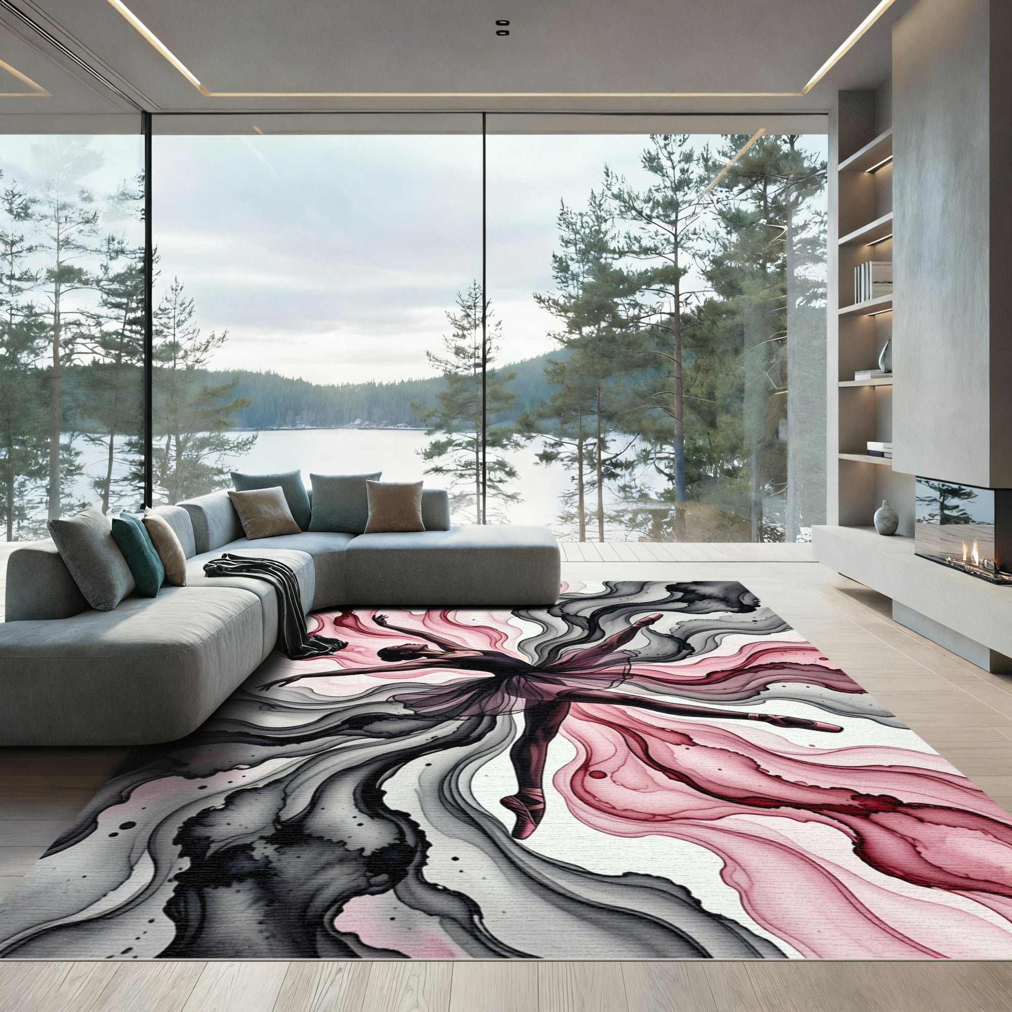 Crimson Black Swirling Ink Ballerina Rug