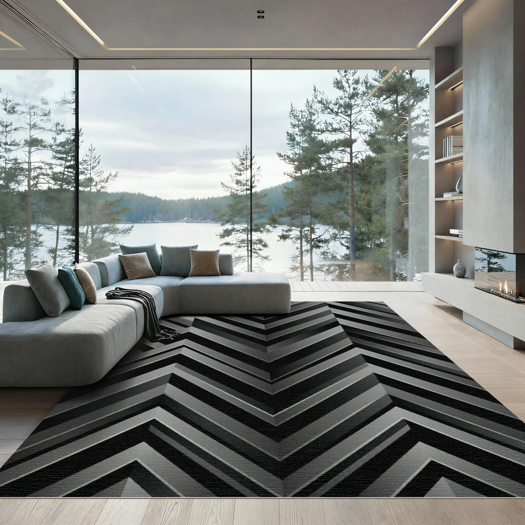 Sophisticated Monochrome Geometric Chevron Rug