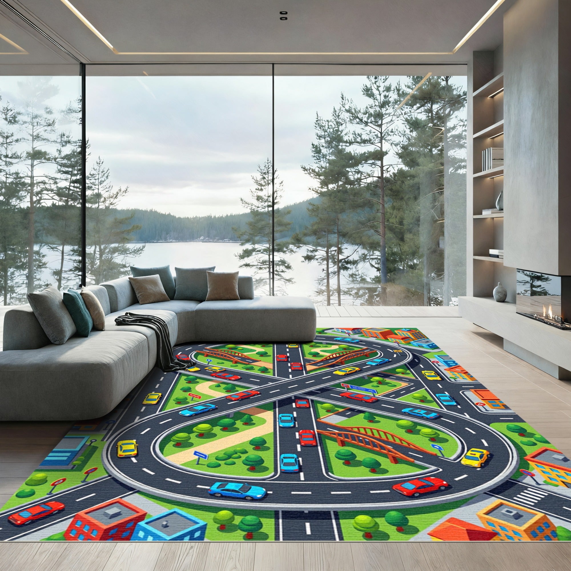 Vibrant City Highway Interchange Activity Roadway Rug