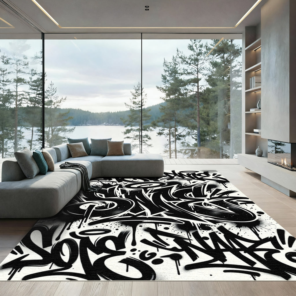 Monochrome Street Art Graffiti Lettering Rug