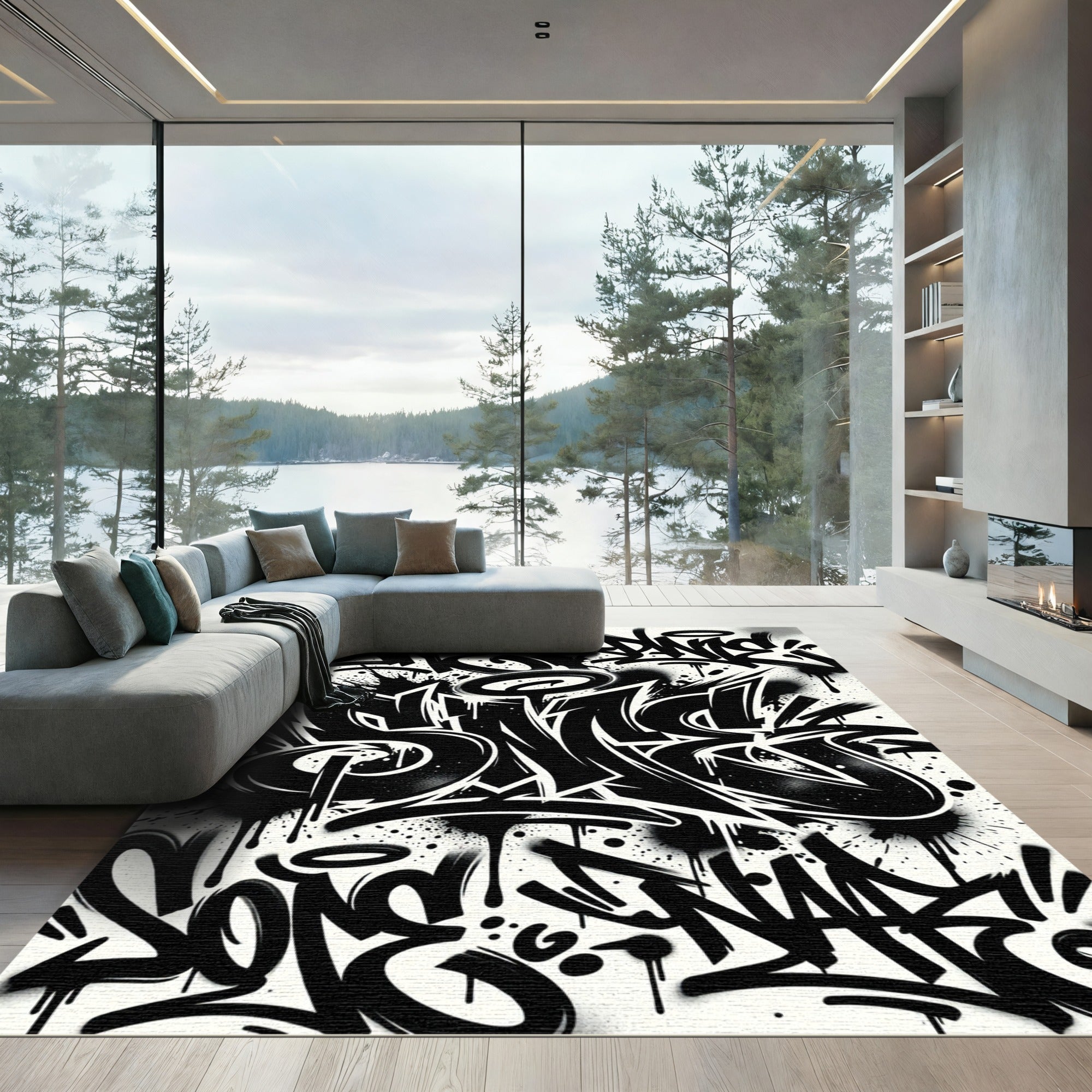 Monochrome Street Art Graffiti Lettering Rug