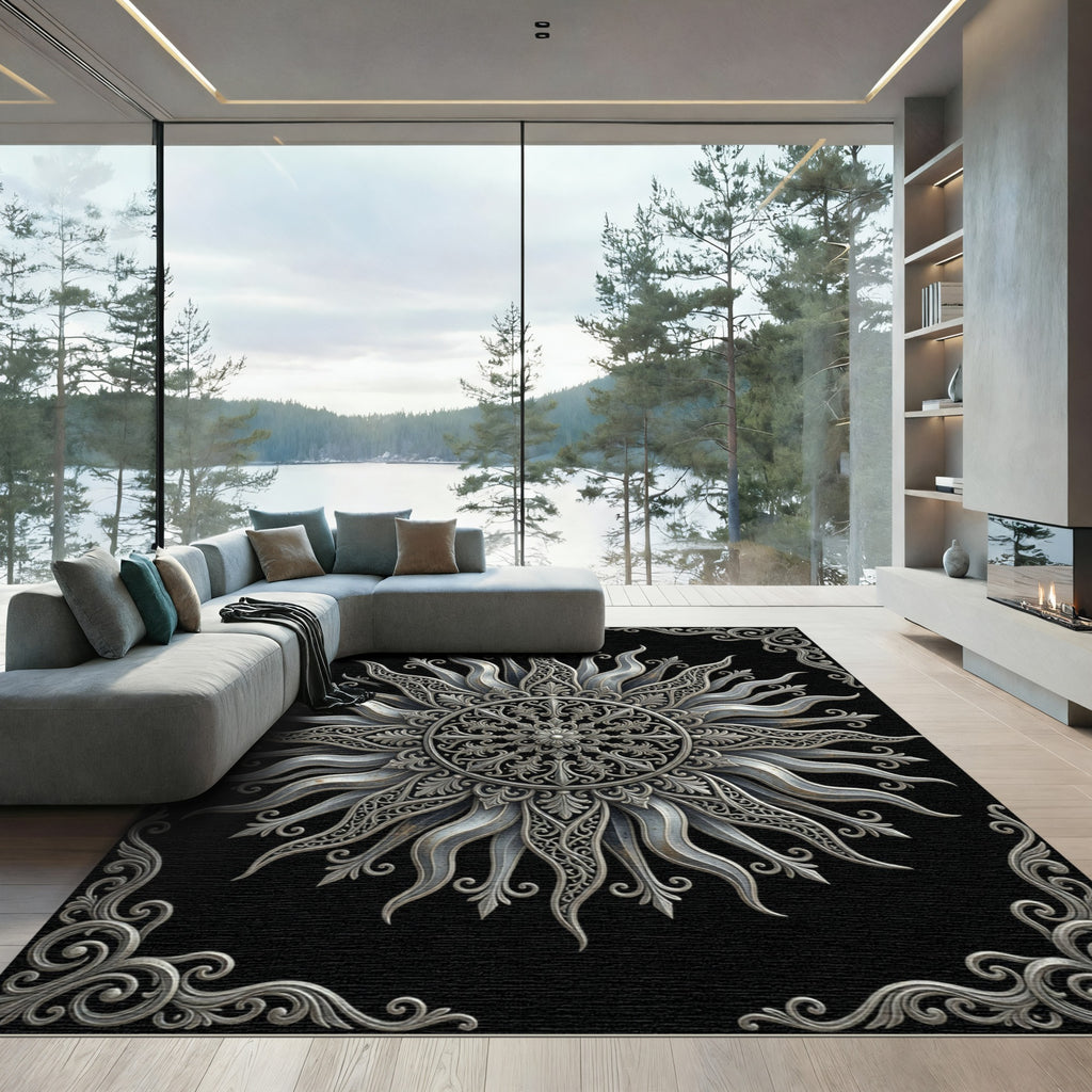 Ornate Silver Sunburst Filigree Rug