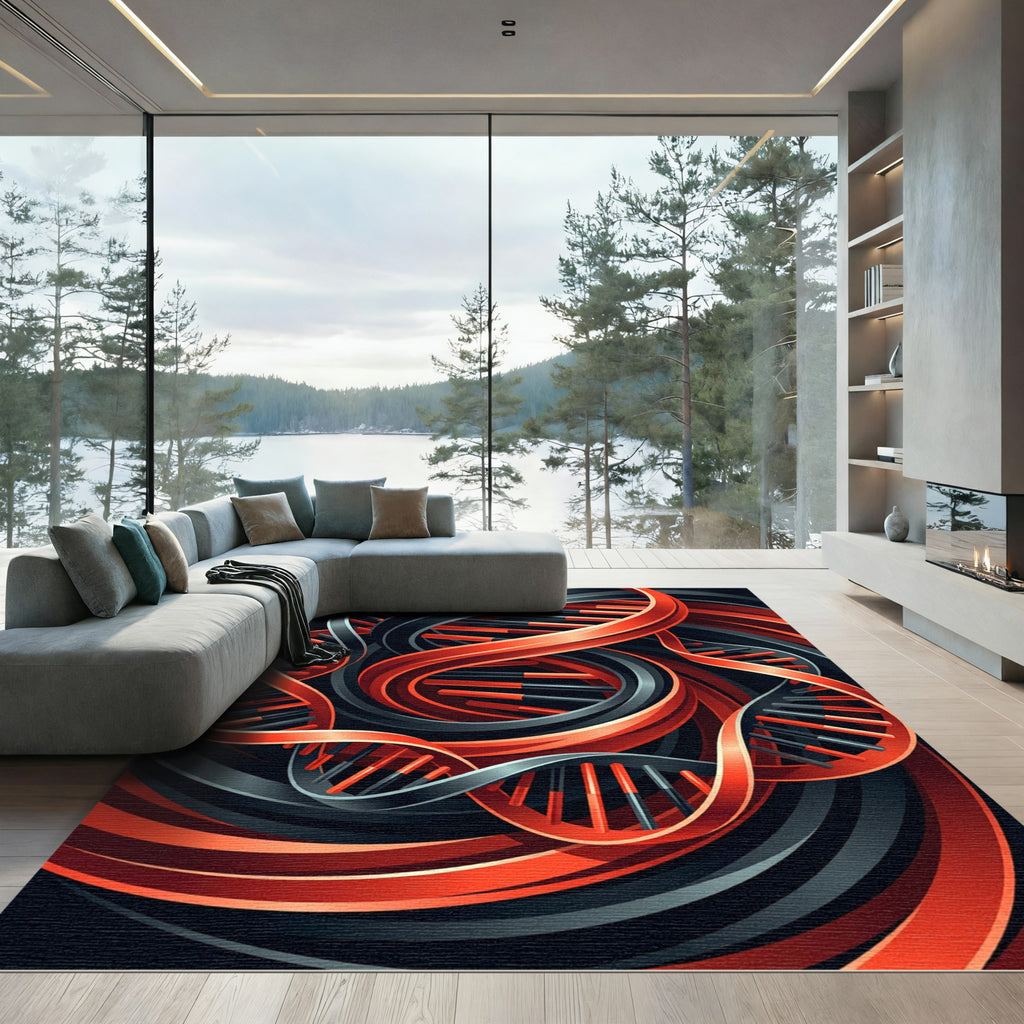 Abstract Helix Spiral Crimson Black Rug