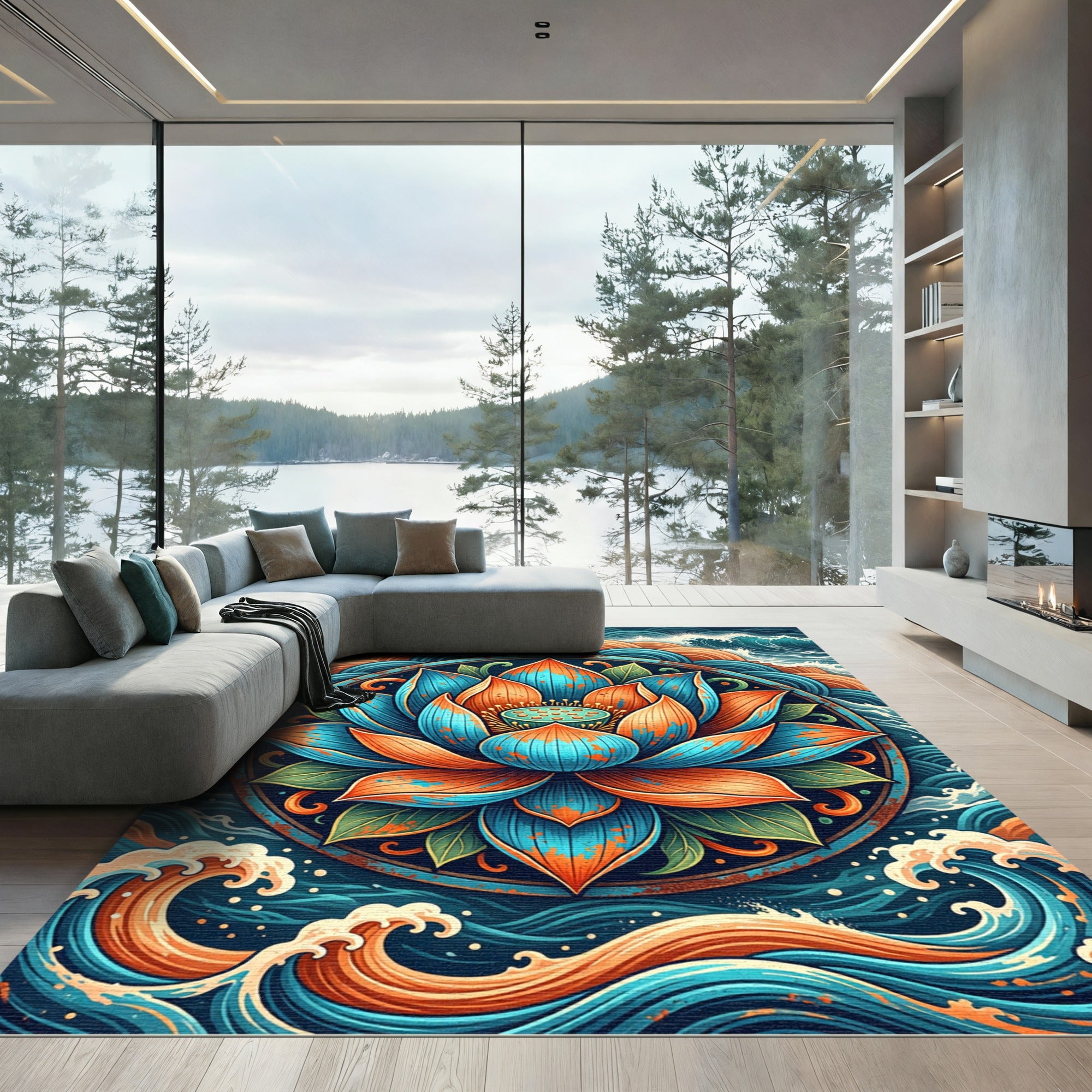 Vibrant Teal and Orange Lotus Mandala Rug