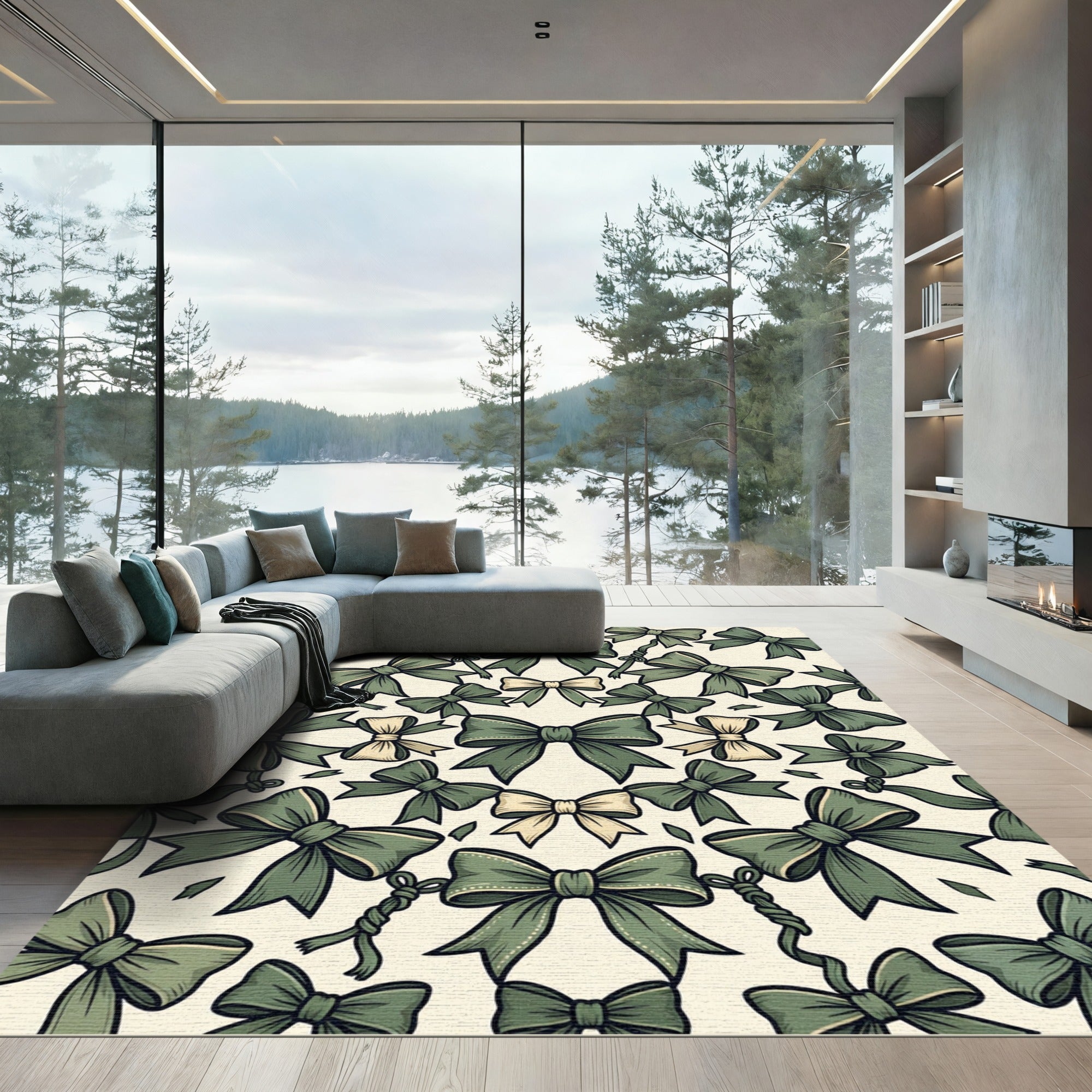 Elegant Sage Bow Ribbon Weave Rug