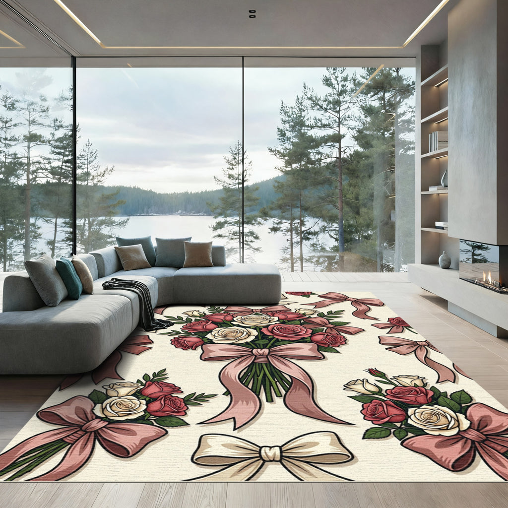 Romantic Pink Rose Bouquet Ribbon Illustration Rug