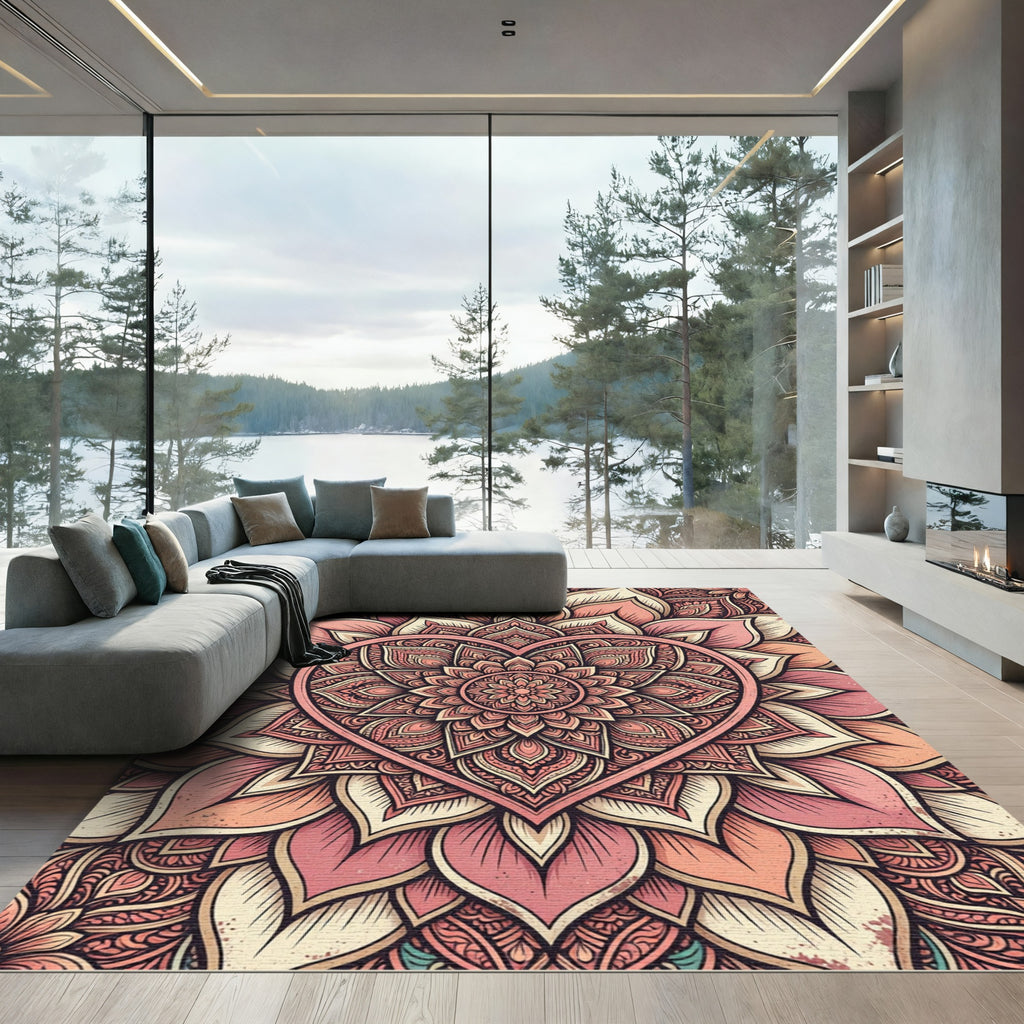 Blush Boho Heart Floral Mandala Rug