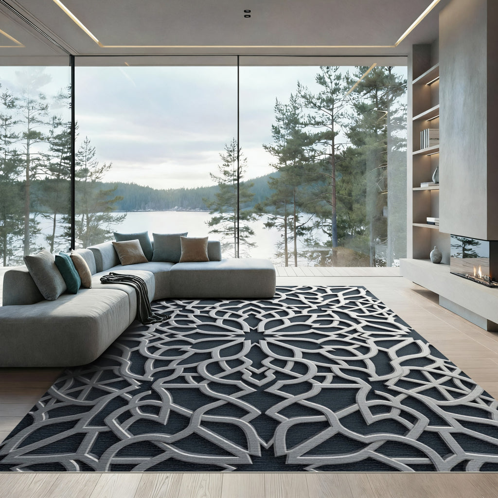 Silver Geometric Arabesque Monochromatic Filigree Rug