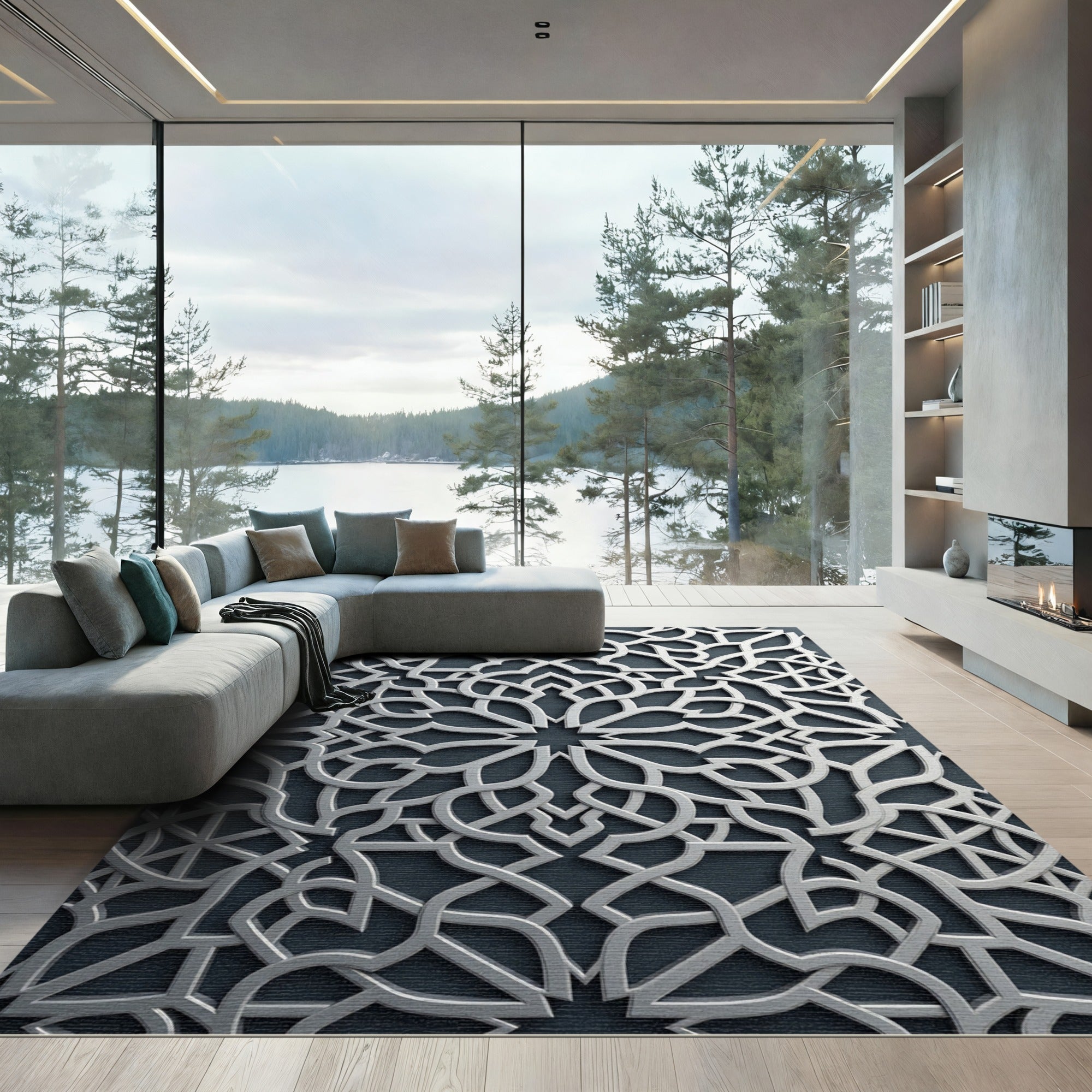 Silver Geometric Arabesque Monochromatic Filigree Rug