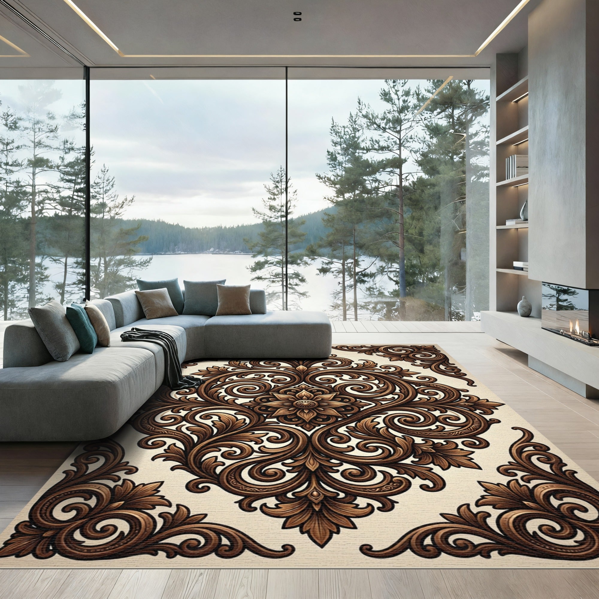 Ornate Brown Floral Scrollwork Rug
