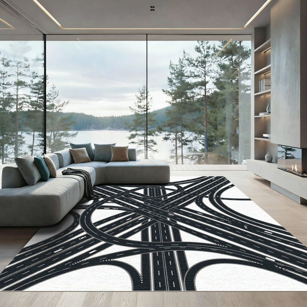 Modern Monochrome Intersecting Highway Junction Rug