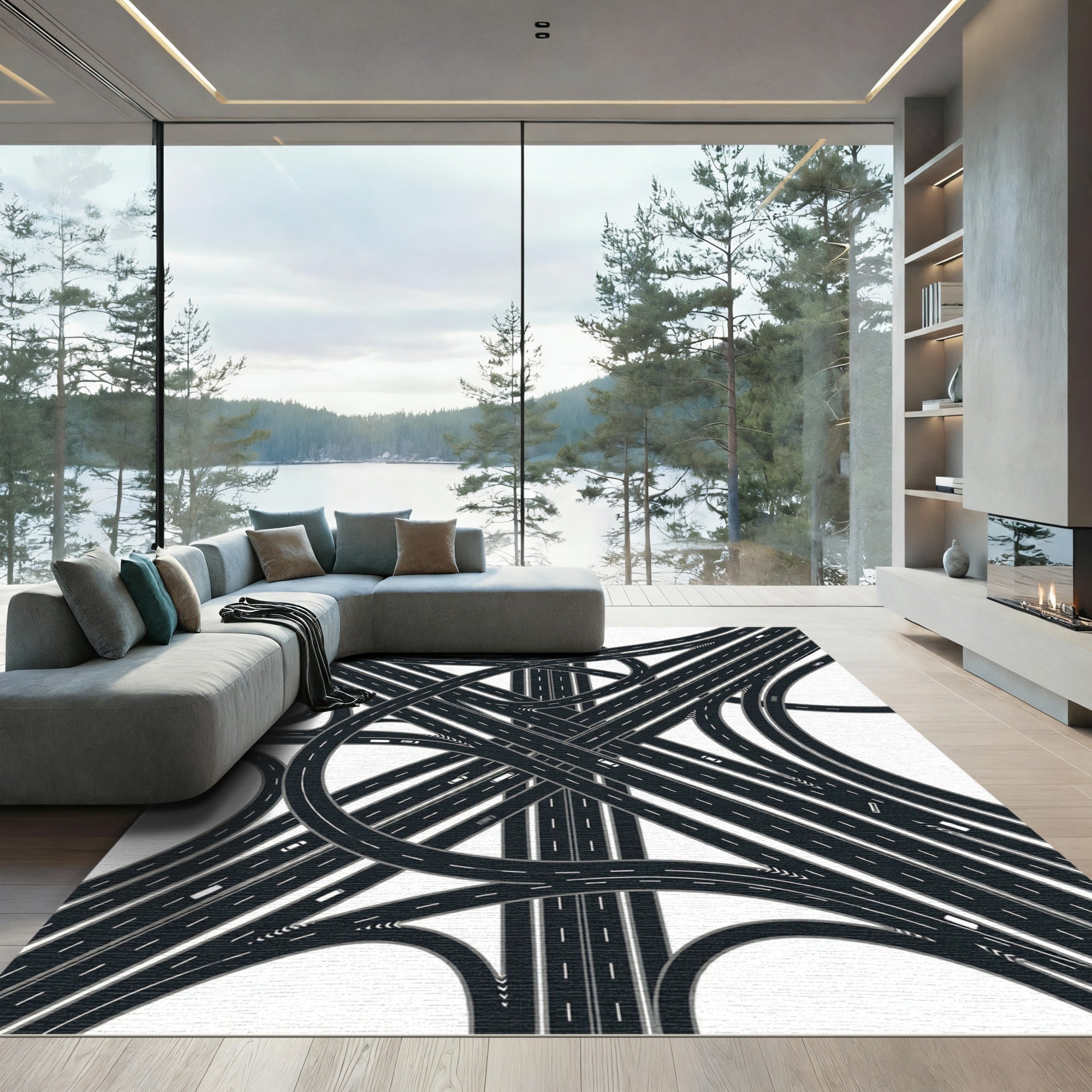 Modern Monochrome Intersecting Highway Junction Rug