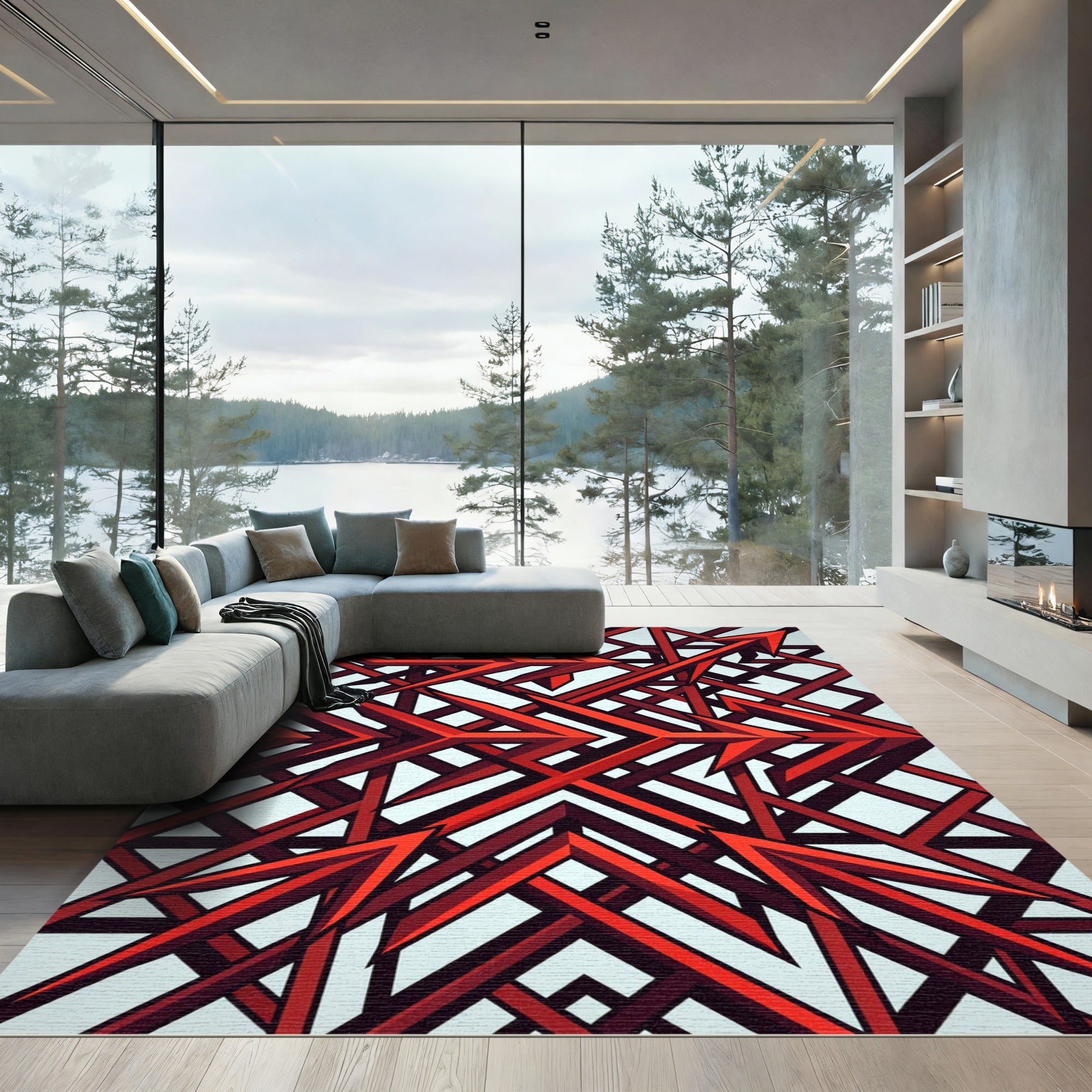 Sharp Crimson Geometric Interlocking Arrow Art Rug