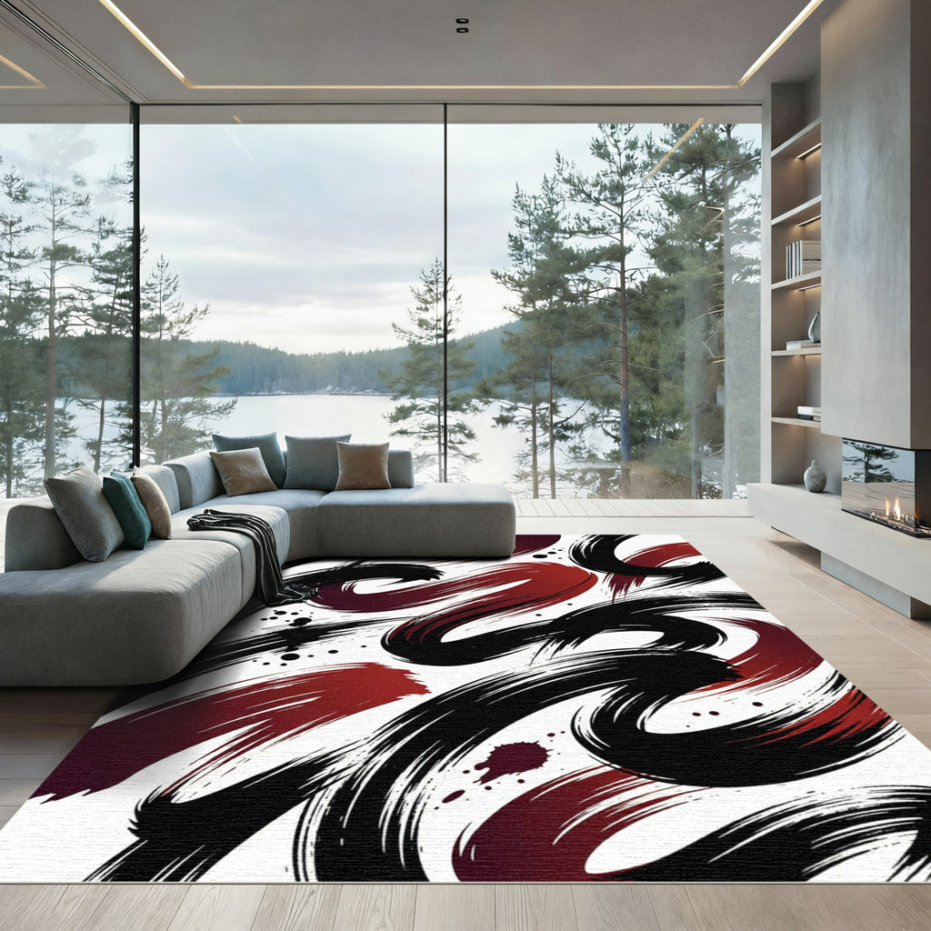 Dynamic Crimson and Black Brushstroke Abstract Rug