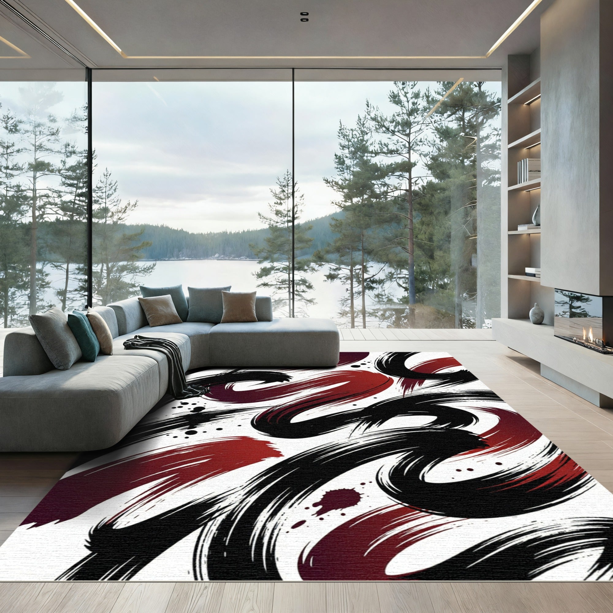 Dynamic Crimson and Black Brushstroke Abstract Rug